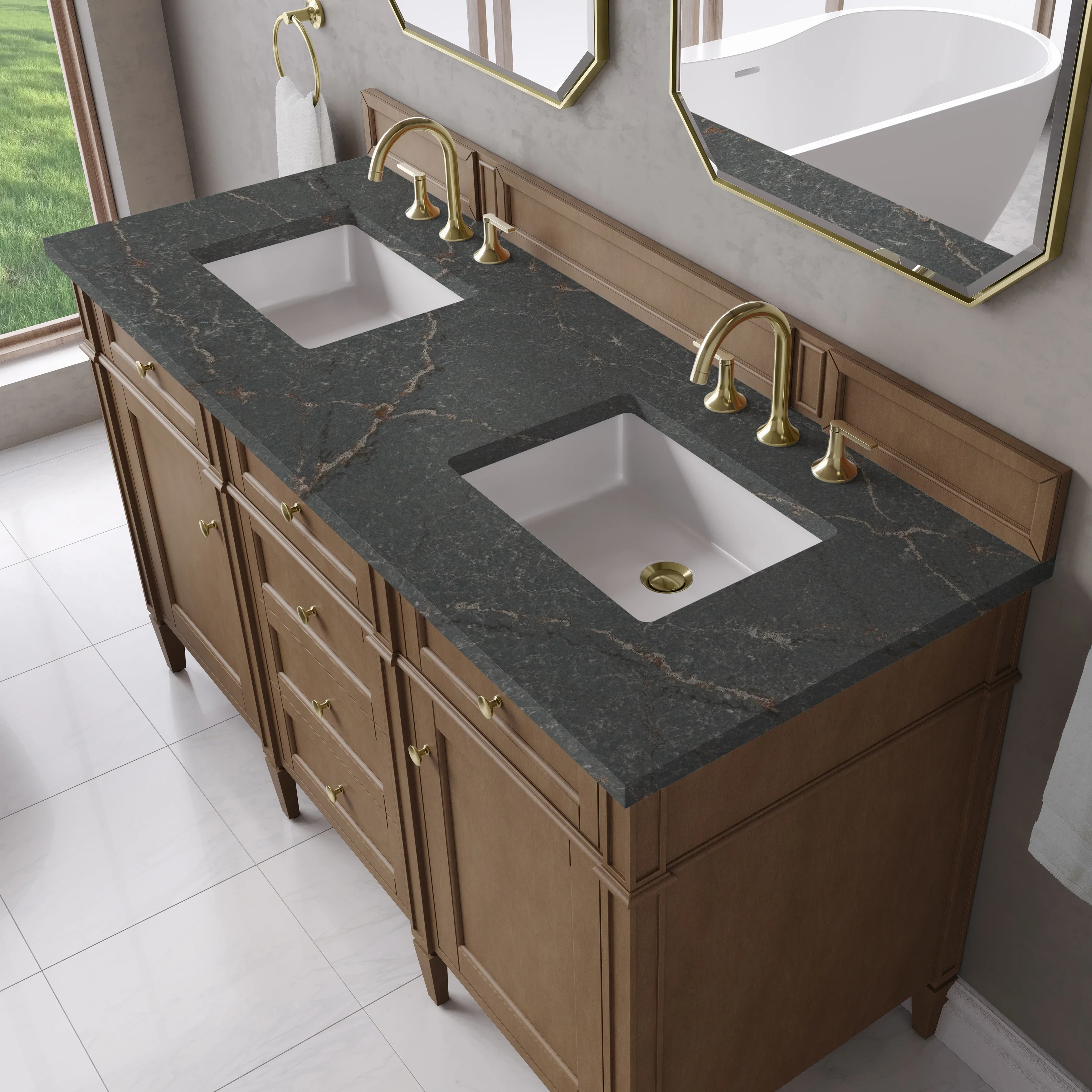 Brittany 60" Double Vanity, Pecan w/ 3 CM Parisien Bleu Silestone Top
