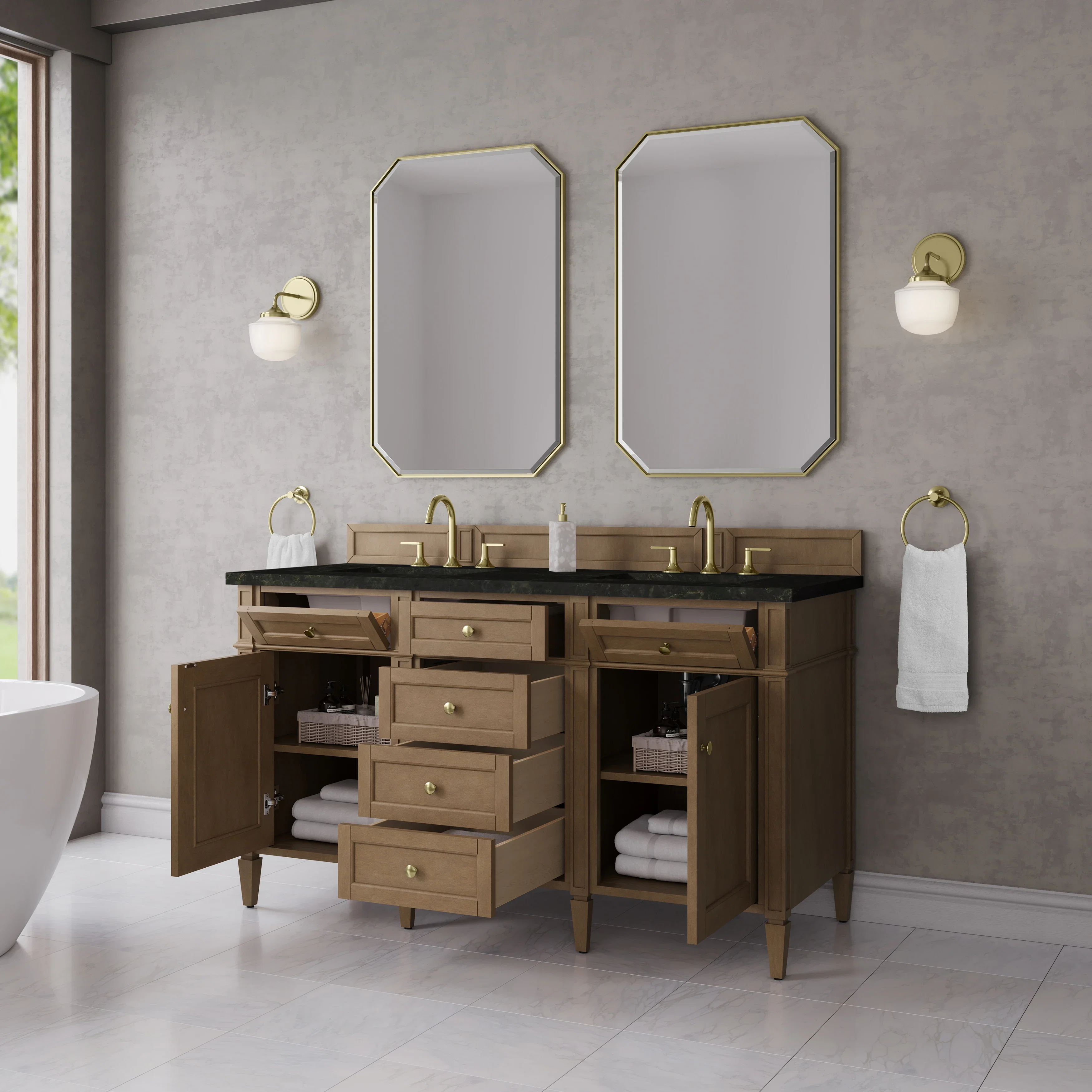 Brittany 60" Double Vanity, Pecan w/ 3 CM Phantome Eclos Top
