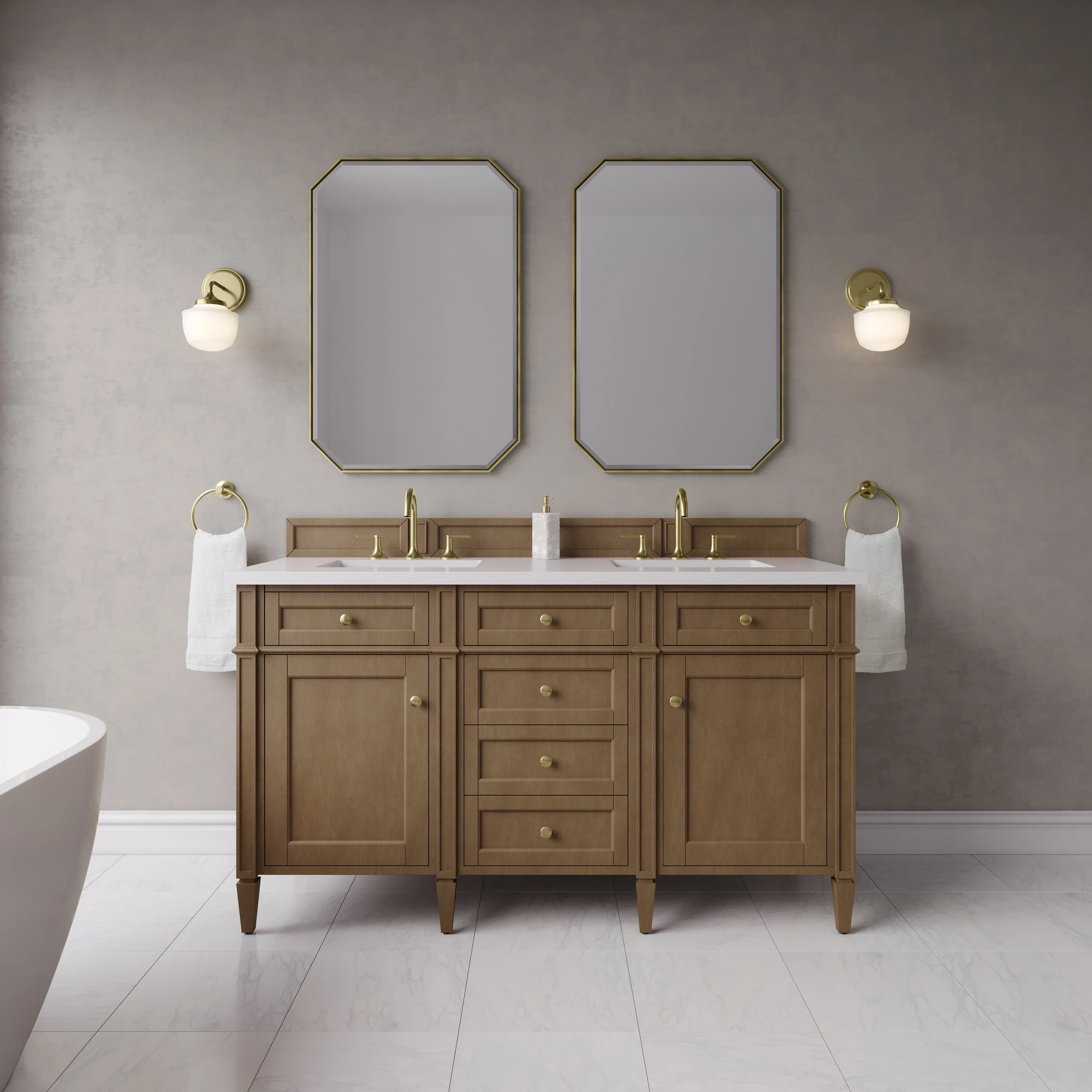 Brittany 60" Double Vanity, Pecan w/ 3 CM White Zeus Silestone Top