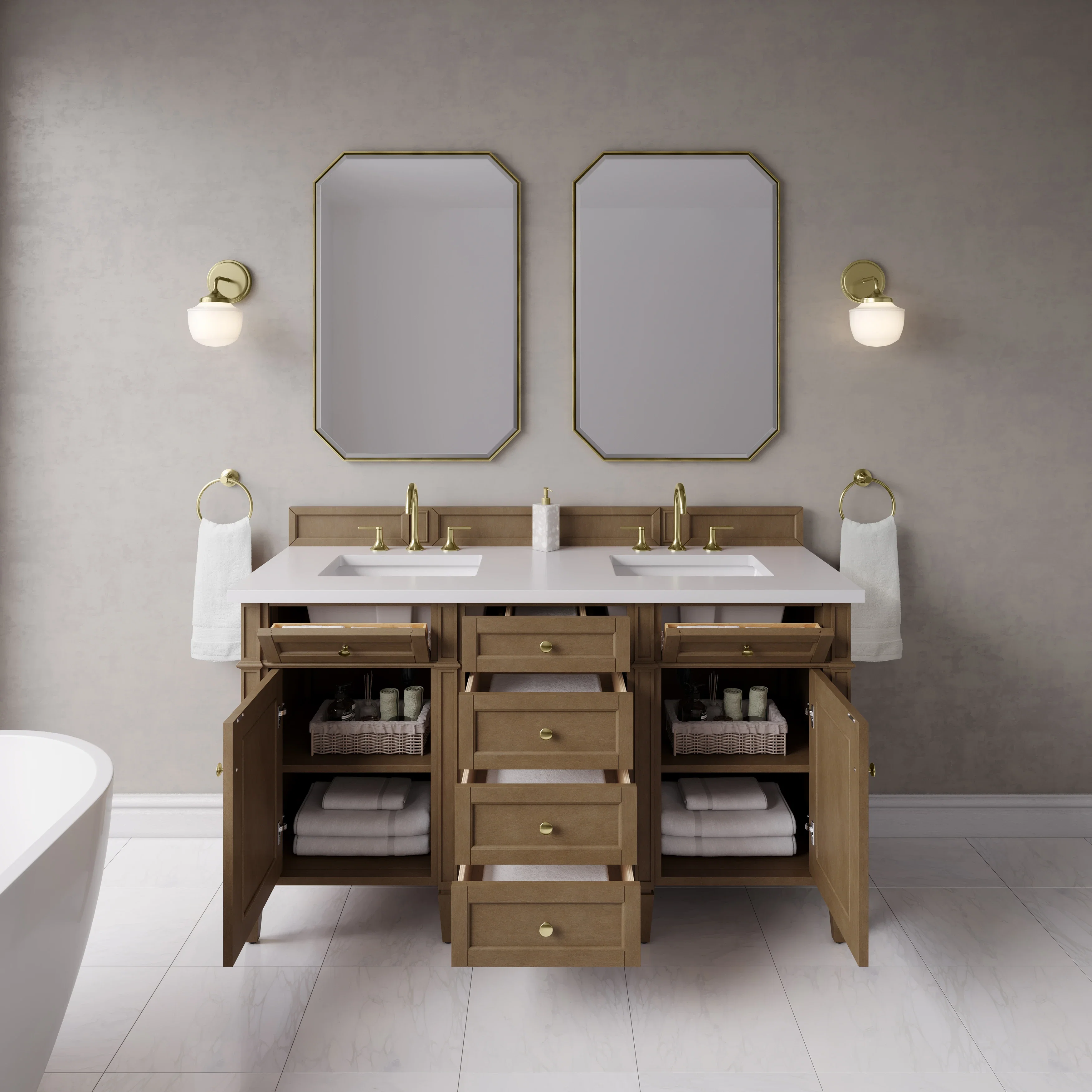 Brittany 60" Double Vanity, Pecan w/ 3 CM White Zeus Silestone Top
