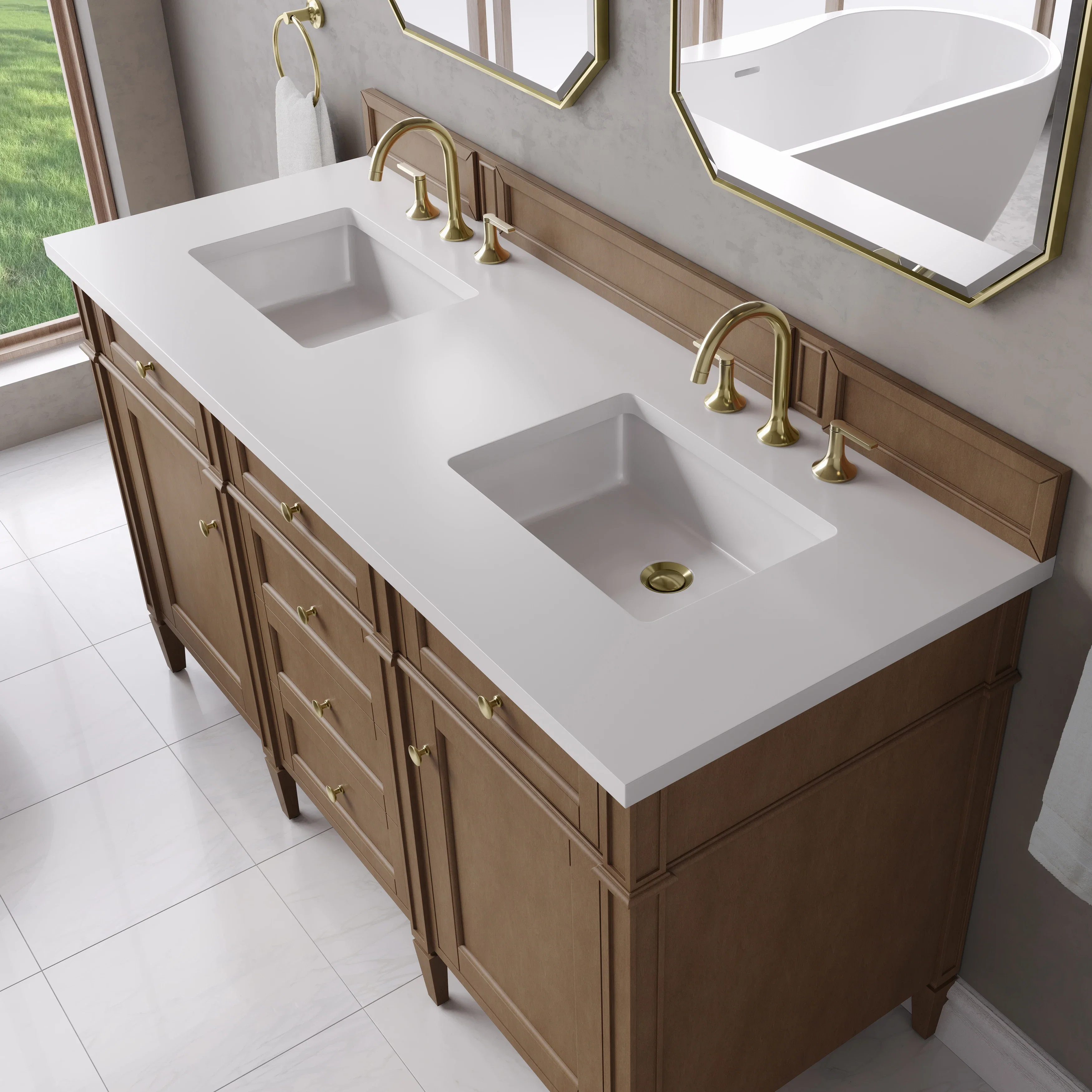 Brittany 60" Double Vanity, Pecan w/ 3 CM White Zeus Silestone Top