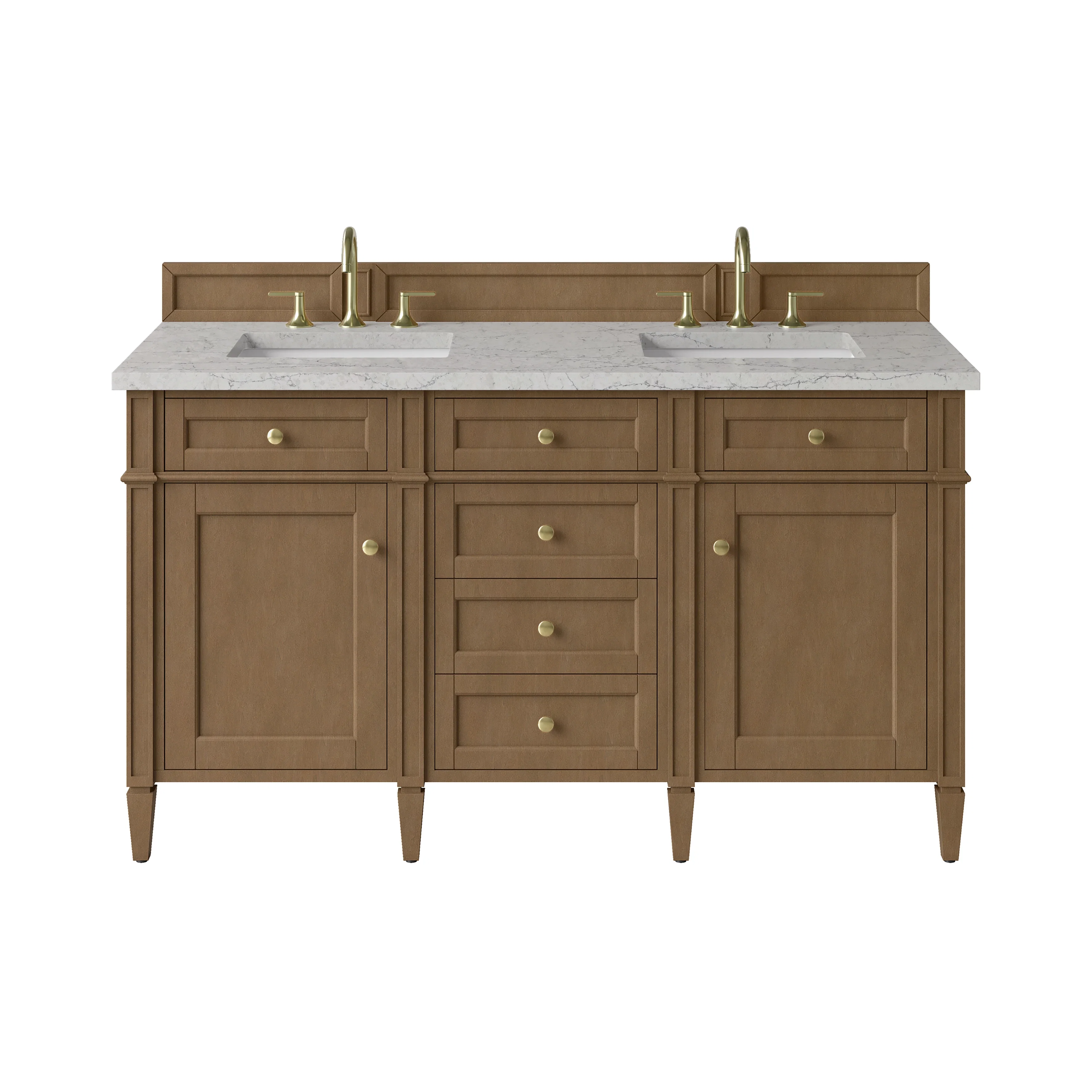 Brittany 60" Double Vanity, Pecan w/ 3 CM Eternal Jasmine Pearl Silestone Top w/FreePower Wireless Charger