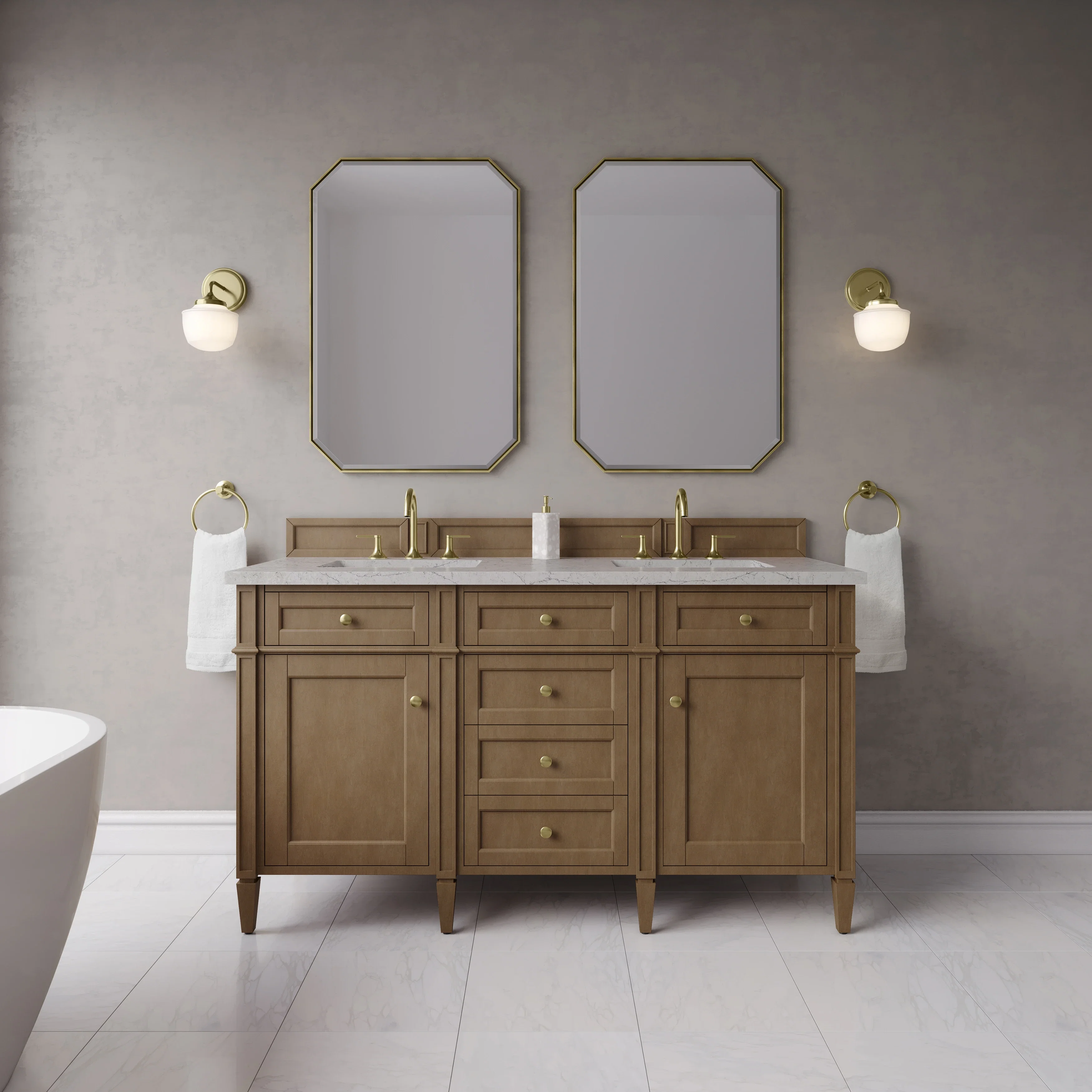 Brittany 60" Double Vanity, Pecan w/ 3 CM Eternal Jasmine Pearl Silestone Top w/FreePower Wireless Charger