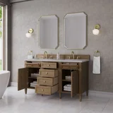 Brittany 60" Double Vanity, Pecan w/ 3 CM Eternal Jasmine Pearl Silestone Top w/FreePower Wireless Charger