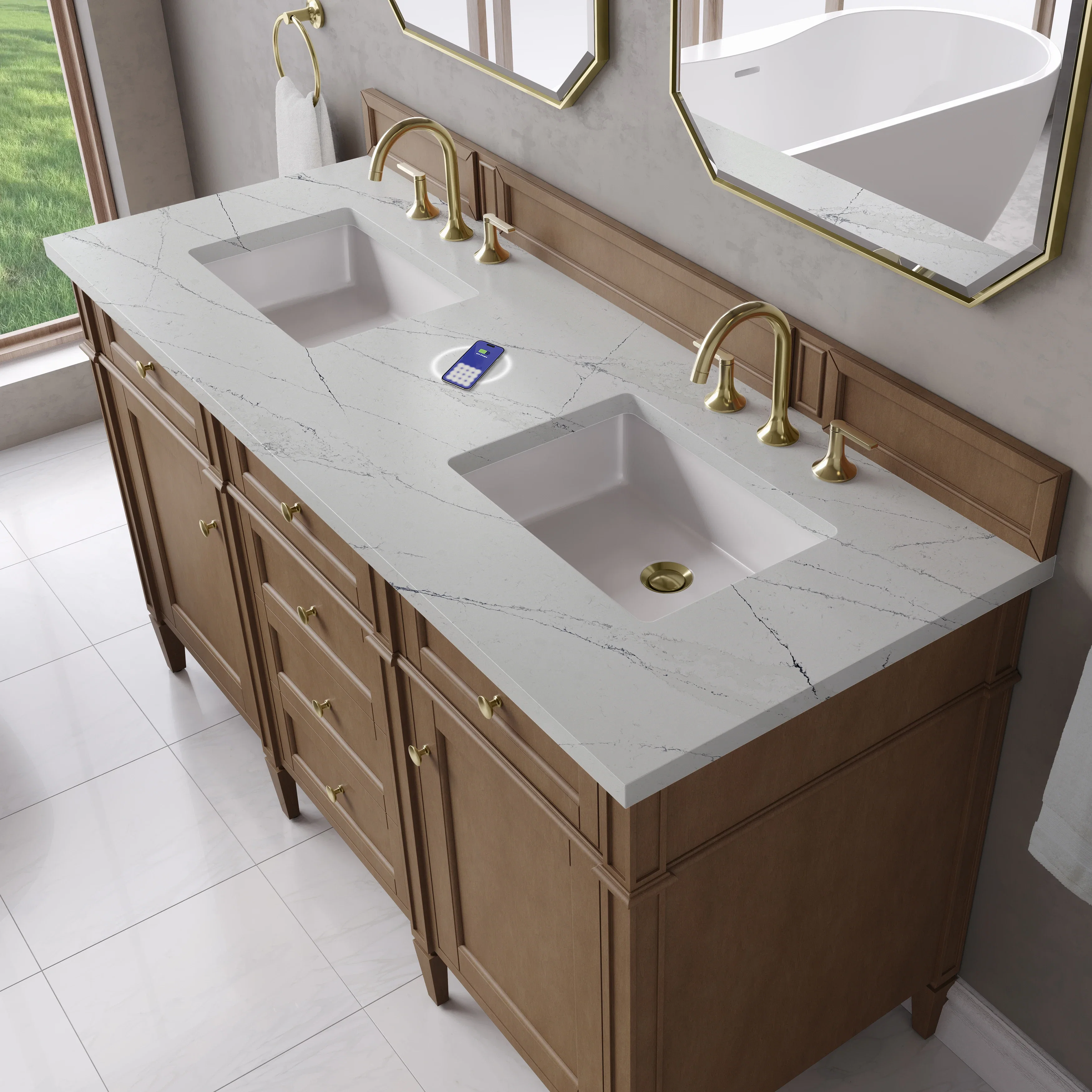 Brittany 60" Double Vanity, Pecan w/ 3 CM Ethereal Noctis Silestone Top w/FreePower Wireless Charger