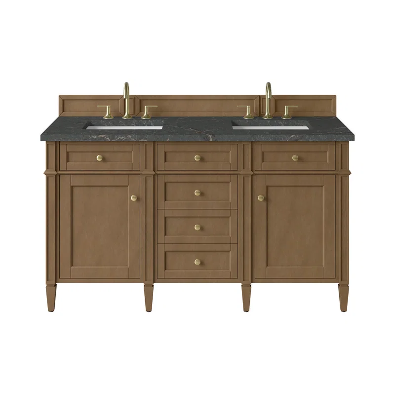 Brittany 60" Double Vanity, Pecan w/ 3 CM Parisien Bleu Silestone Top w/FreePower Wireless Charger