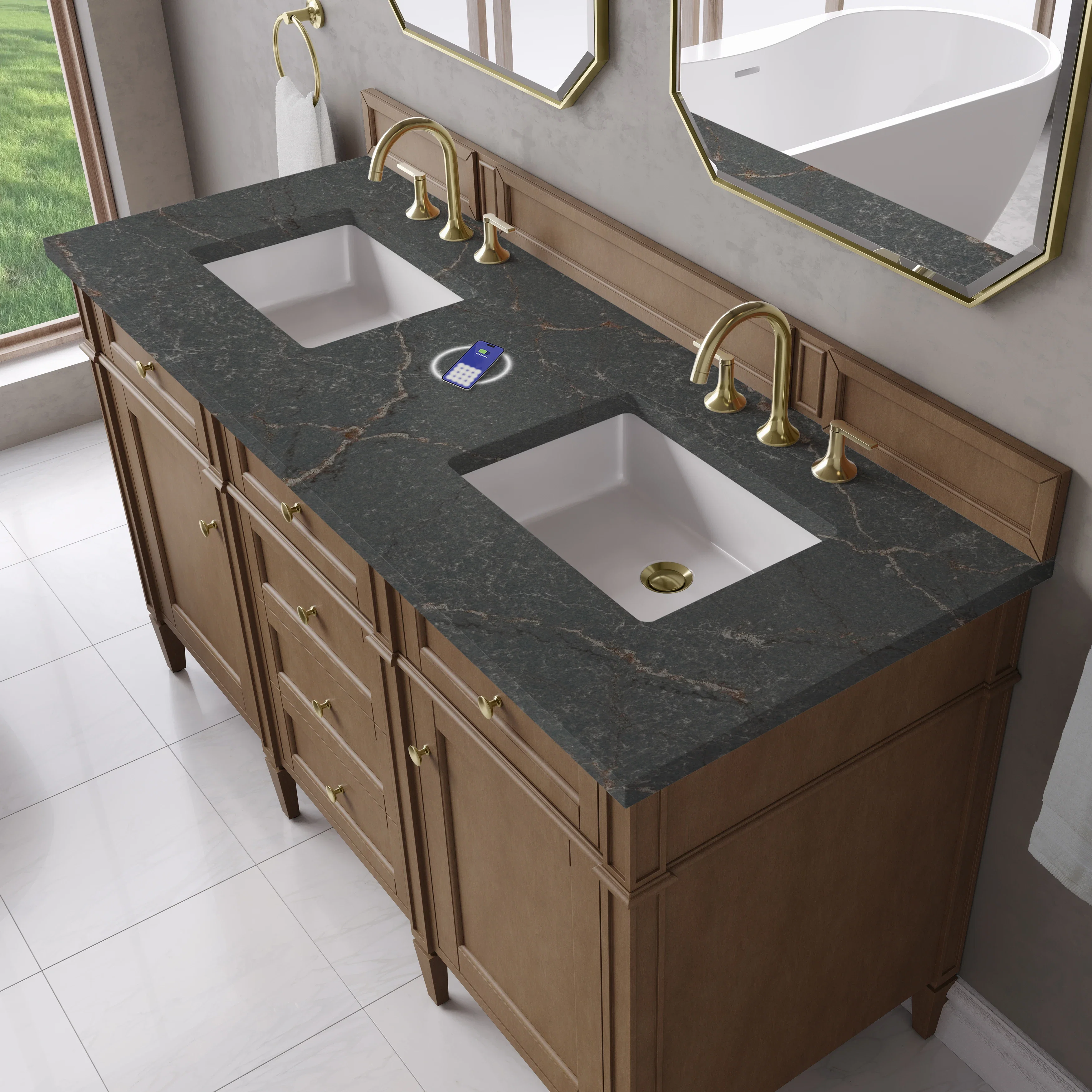 Brittany 60" Double Vanity, Pecan w/ 3 CM Parisien Bleu Silestone Top w/FreePower Wireless Charger