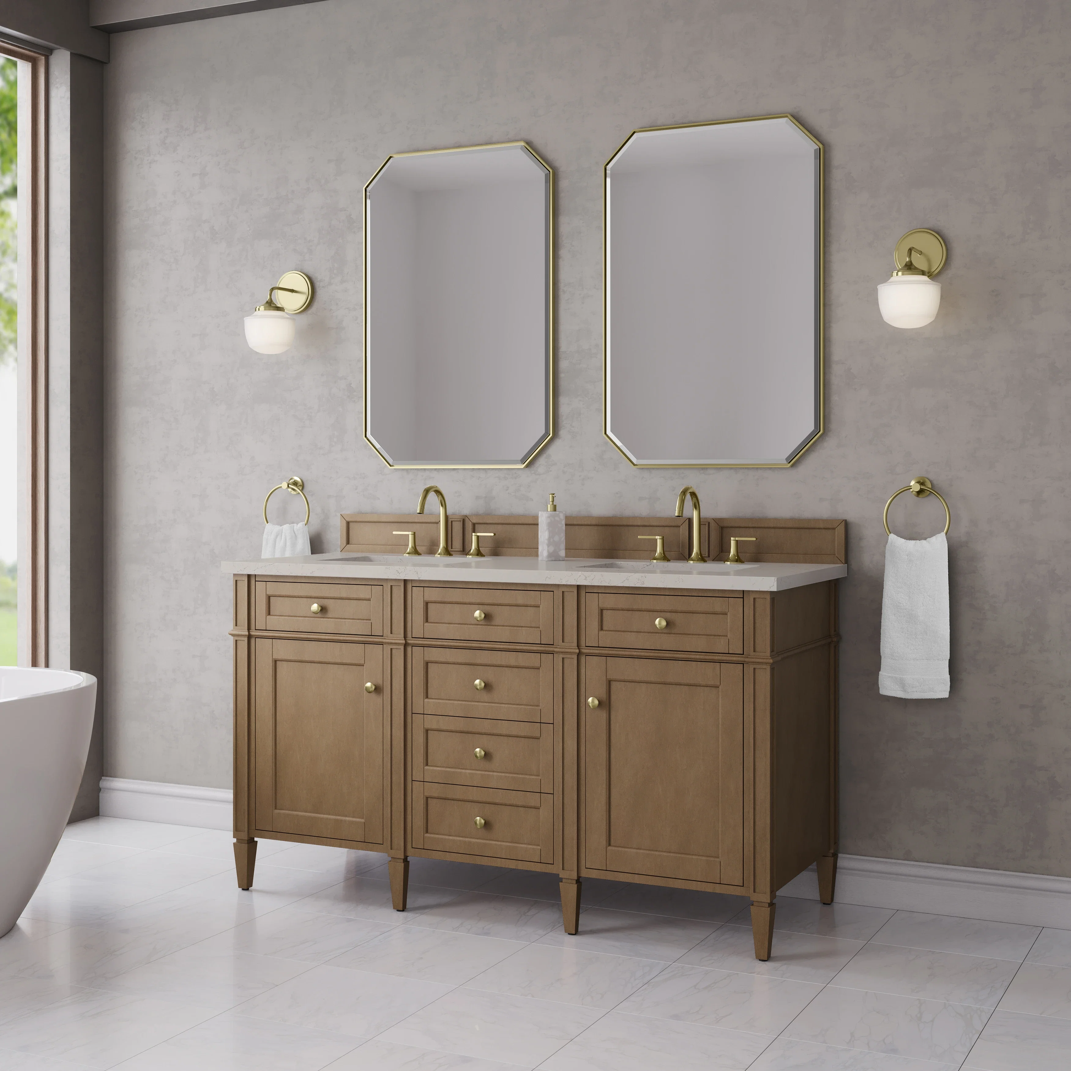 Brittany 60" Double Vanity, Pecan w/ 3 CM Siberian Silestone Top w/FreePower Wireless Charger