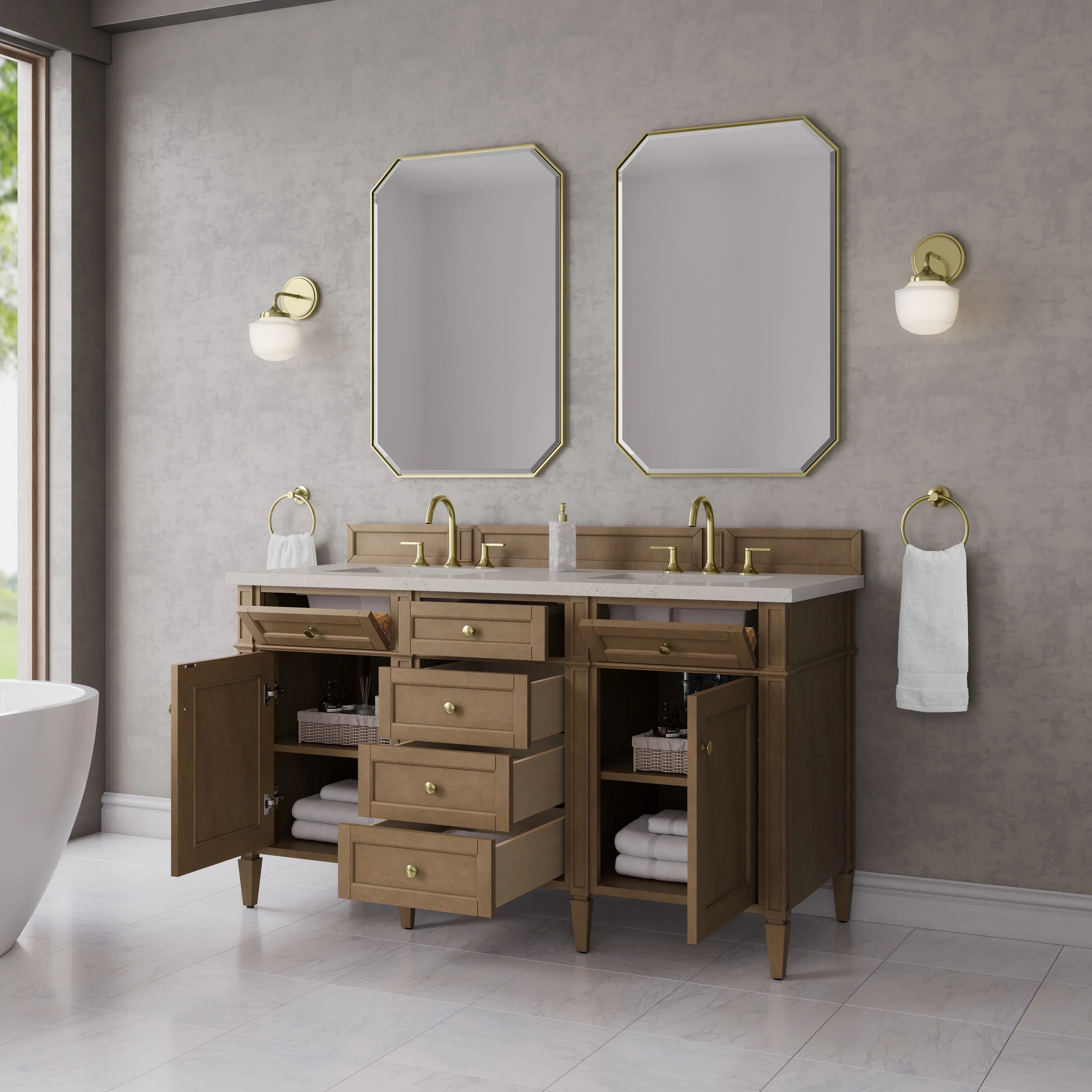 Brittany 60" Double Vanity, Pecan w/ 3 CM Siberian Silestone Top w/FreePower Wireless Charger