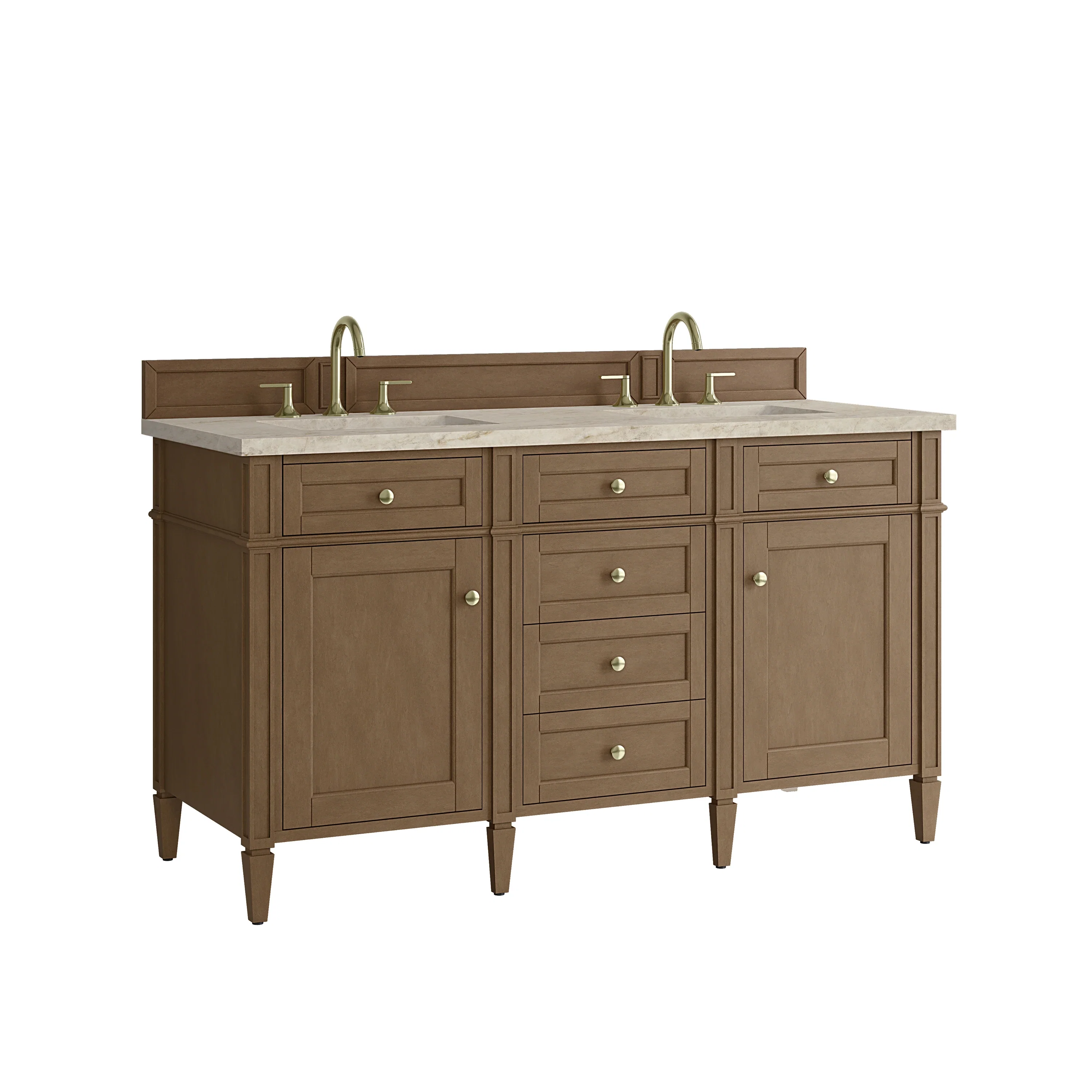 Brittany 60" Double Vanity, Pecan w/ 3 CM Tajnar Eclos Top w/FreePower Wireless Charger