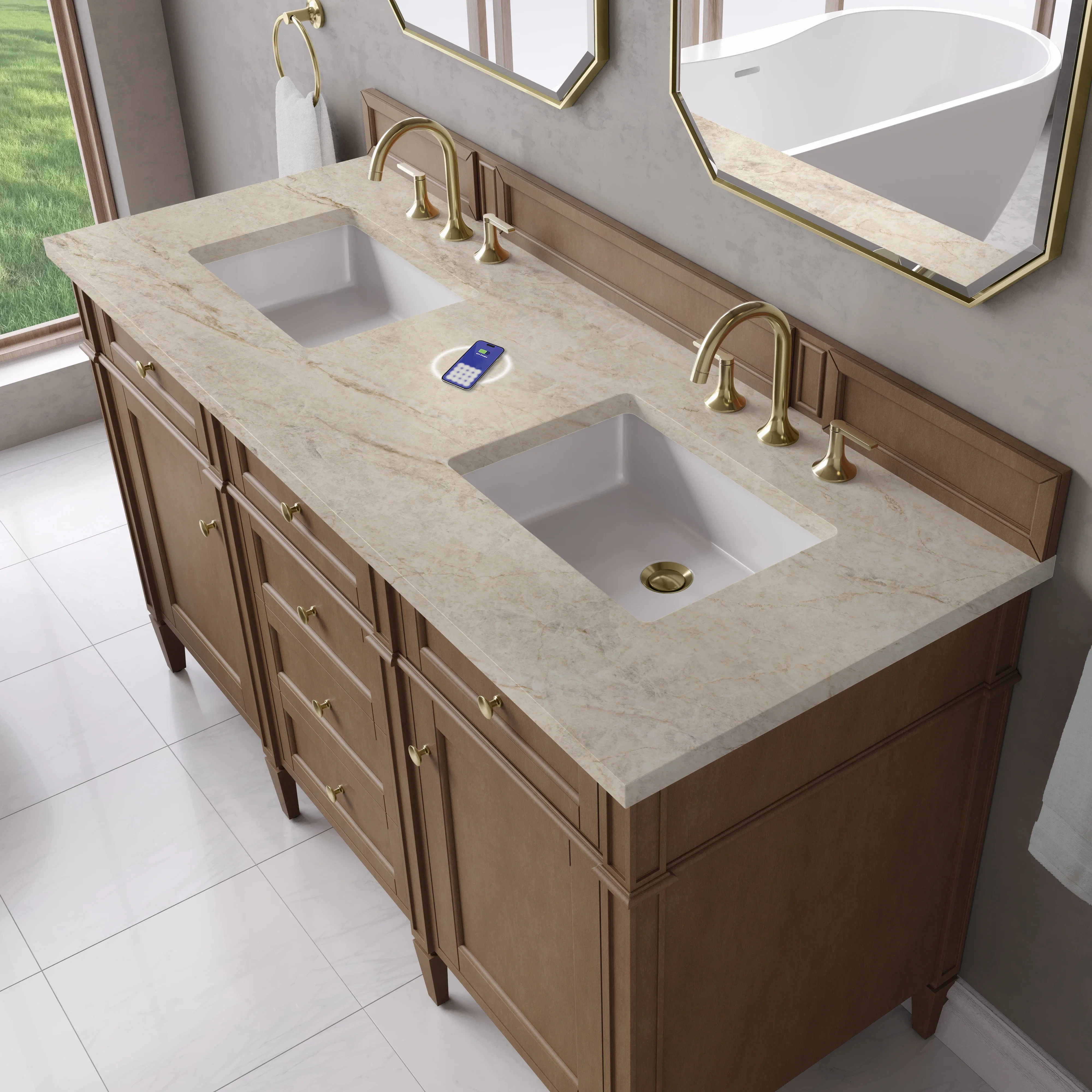 Brittany 60" Double Vanity, Pecan w/ 3 CM Tajnar Eclos Top w/FreePower Wireless Charger