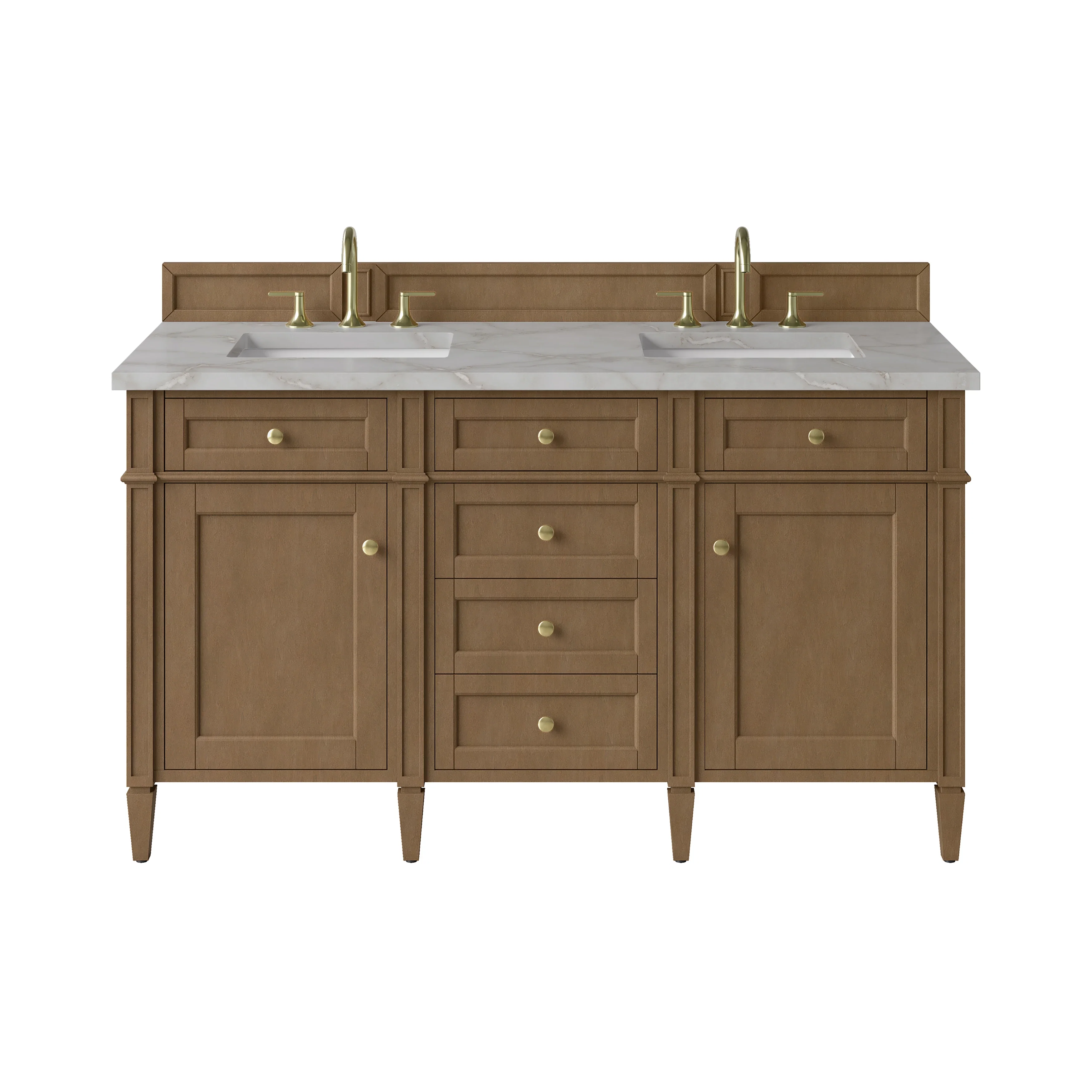 Brittany 60" Double Vanity, Pecan w/ 3 CM Victorian Silver Silestone Top w/FreePower Wireless Charger