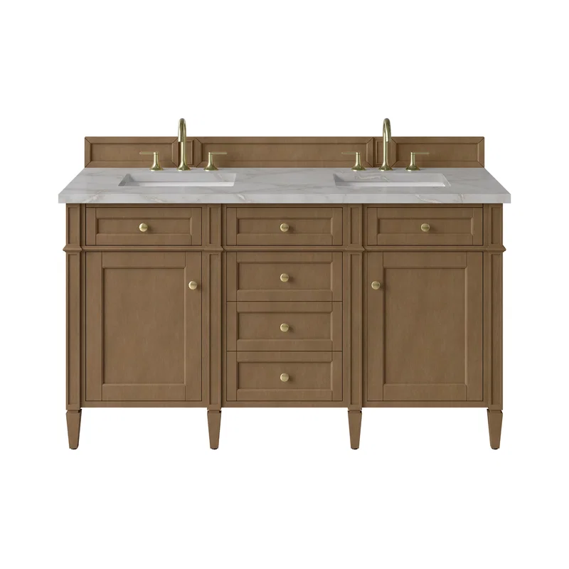 Brittany 60" Double Vanity, Pecan w/ 3 CM Victorian Silver Silestone Top w/FreePower Wireless Charger