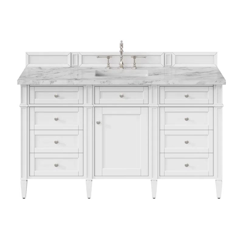 Brittany 60" Single Vanity, Bright White w/ 3 CM Carrara Marble Top