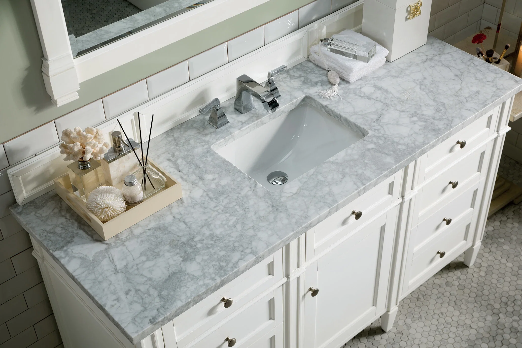 Brittany 60" Single Vanity, Bright White w/ 3 CM Carrara Marble Top
