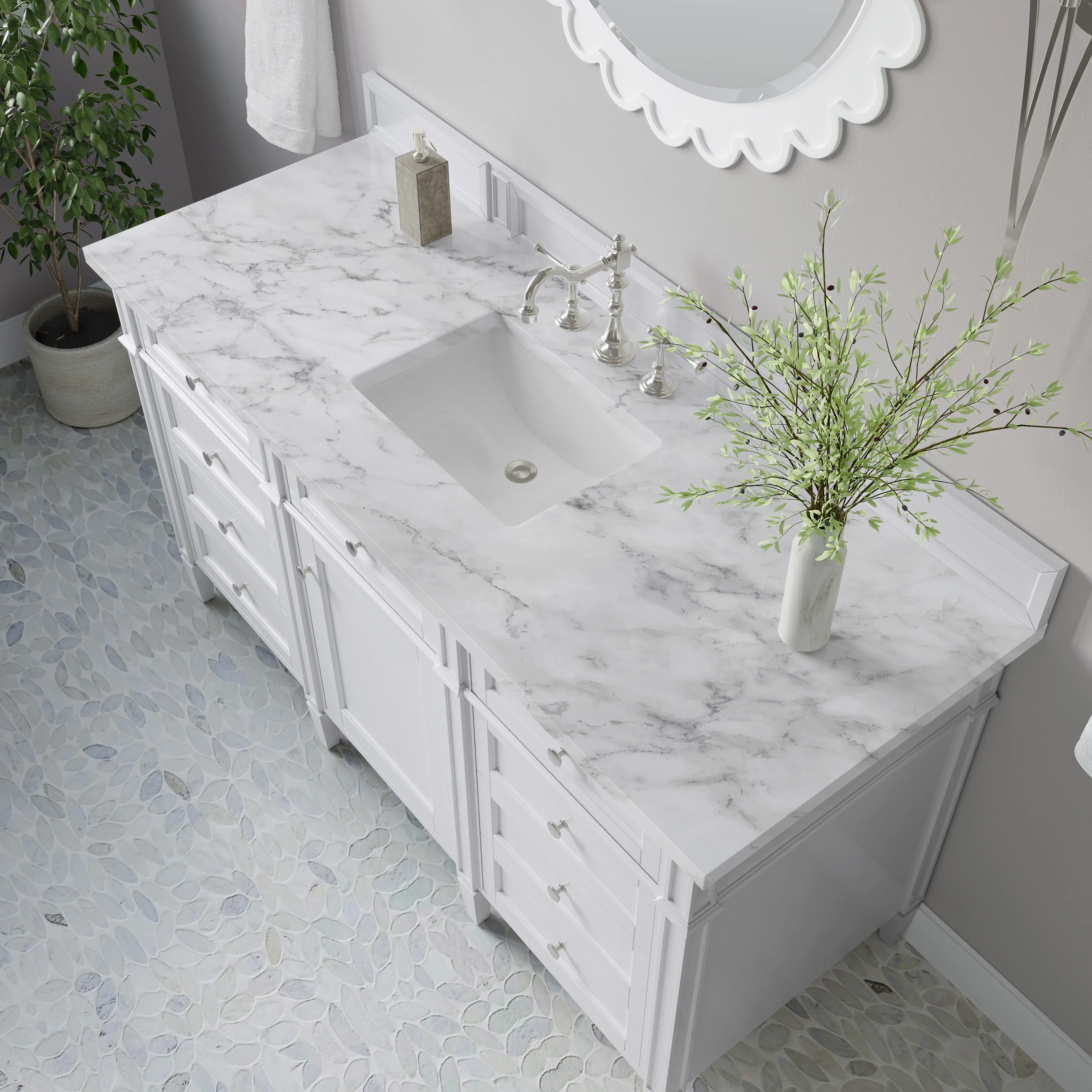 Brittany 60" Single Vanity, Bright White w/ 3 CM Carrara Marble Top