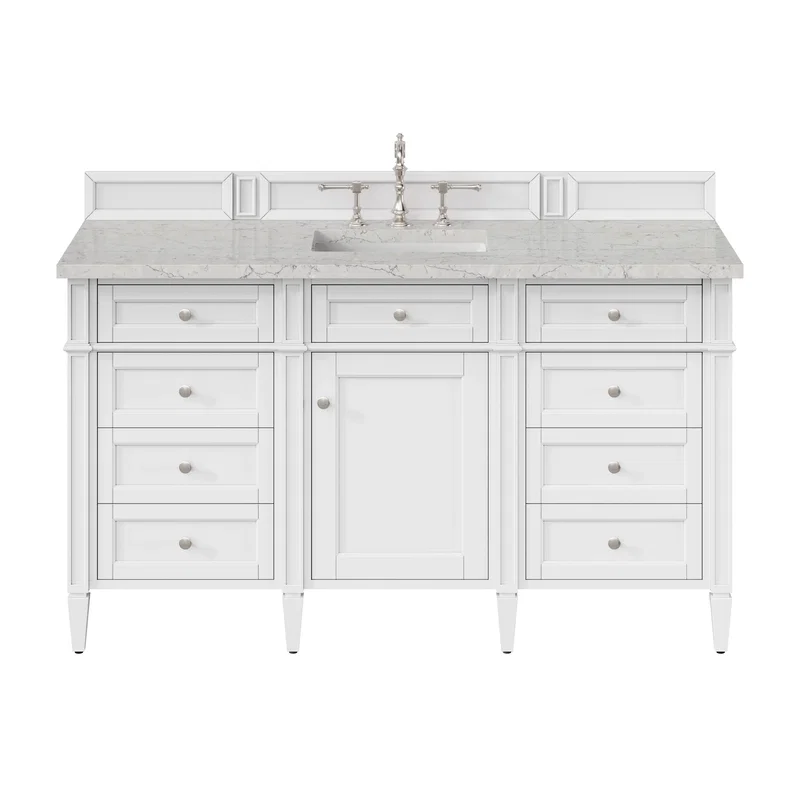 Brittany 60" Single Vanity, Bright White w/ 3 CM Eternal Jasmine Pearl Silestone Top