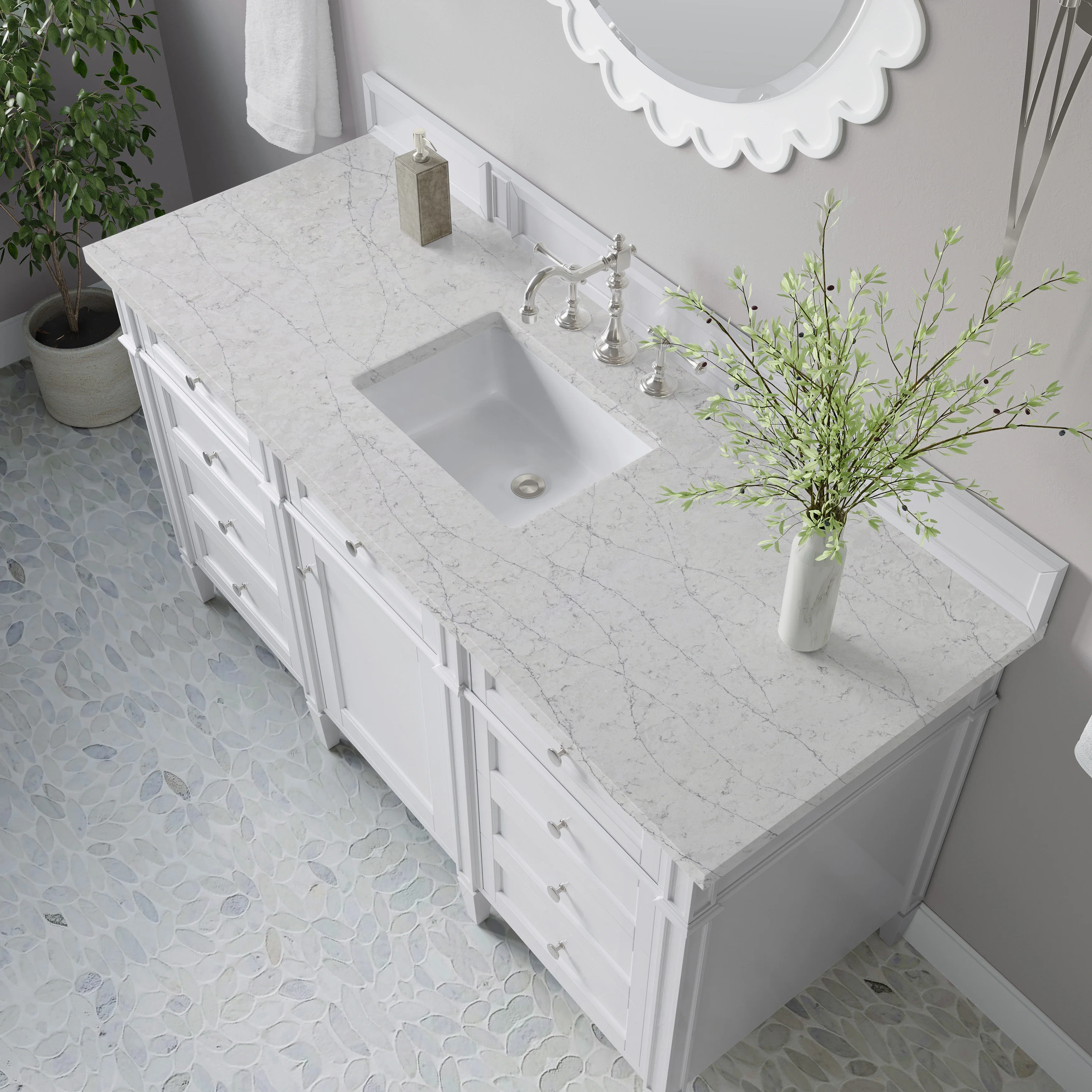 Brittany 60" Single Vanity, Bright White w/ 3 CM Eternal Jasmine Pearl Silestone Top