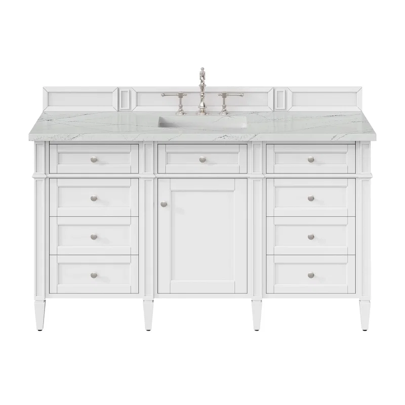 Brittany 60" Single Vanity, Bright White w/ 3 CM Ethereal Noctis Silestone Top