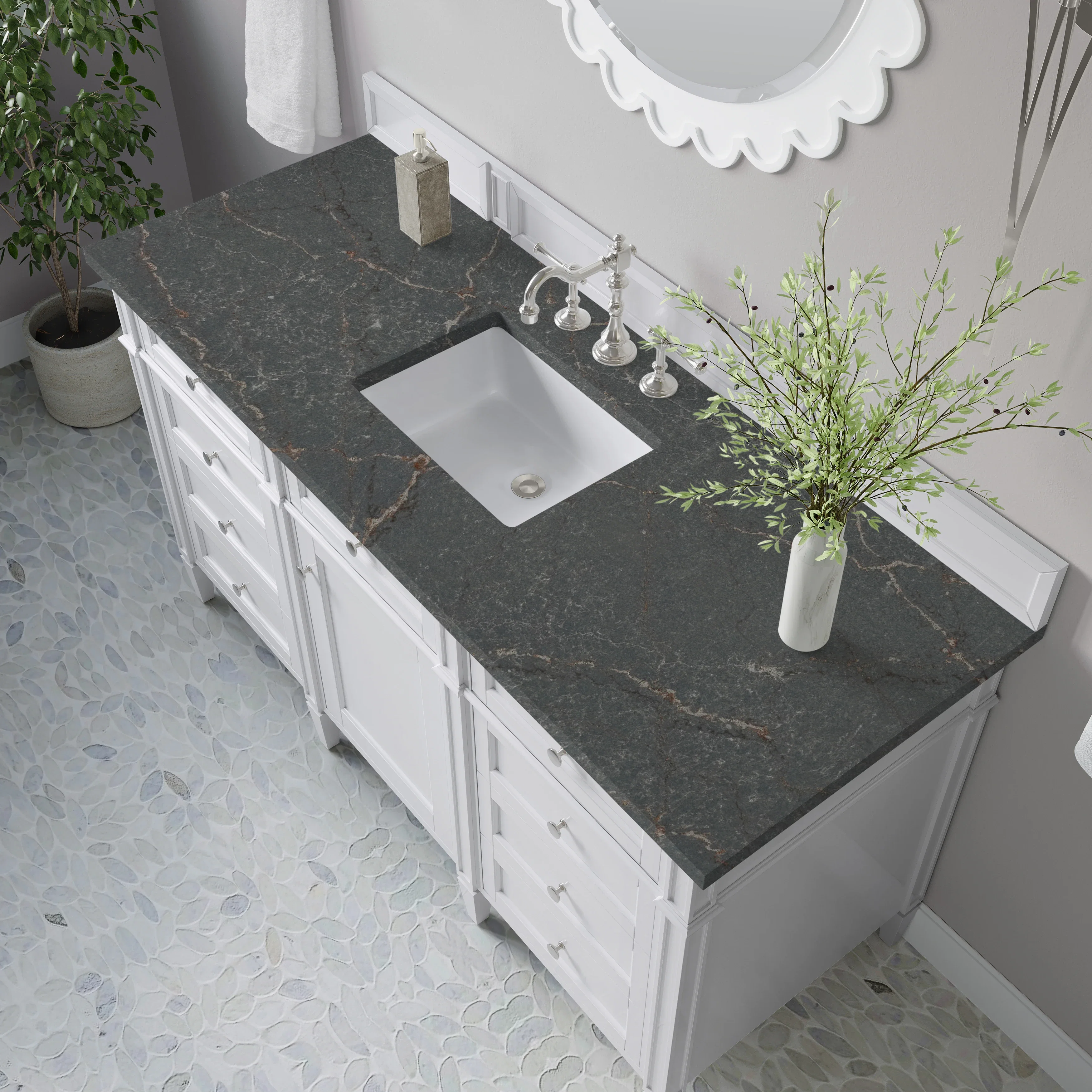 Brittany 60" Single Vanity, Bright White w/ 3 CM Parisien Bleu Silestone Top