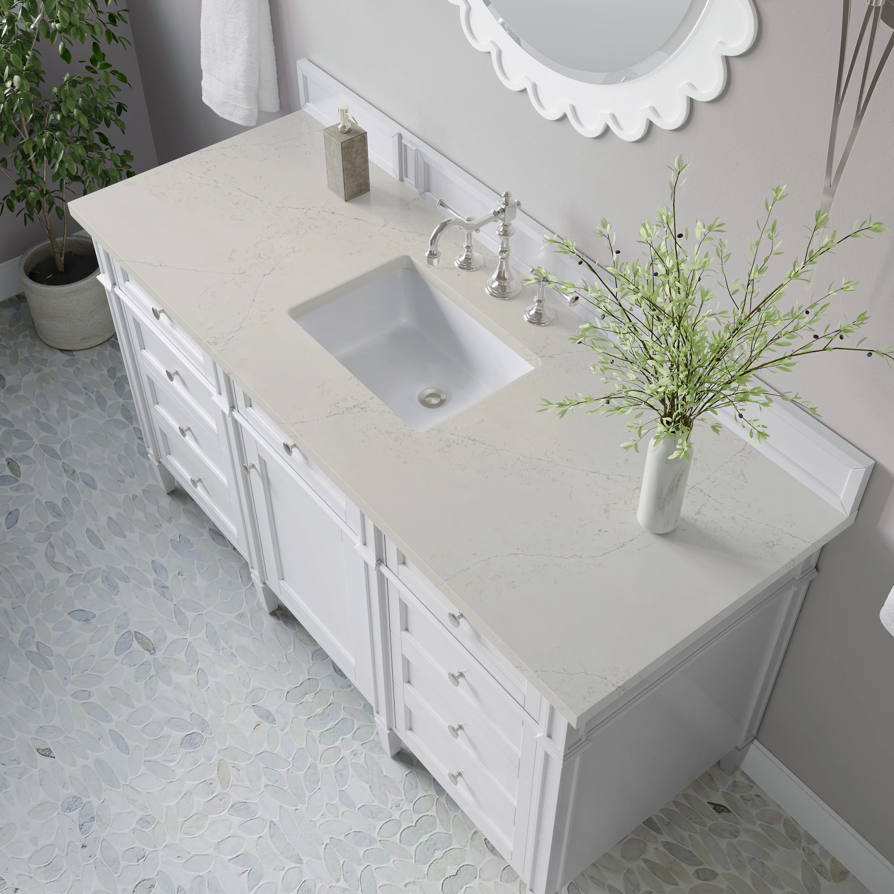 Brittany 60" Single Vanity in Bright White, w/ 3 CM Siberian Silestone Top