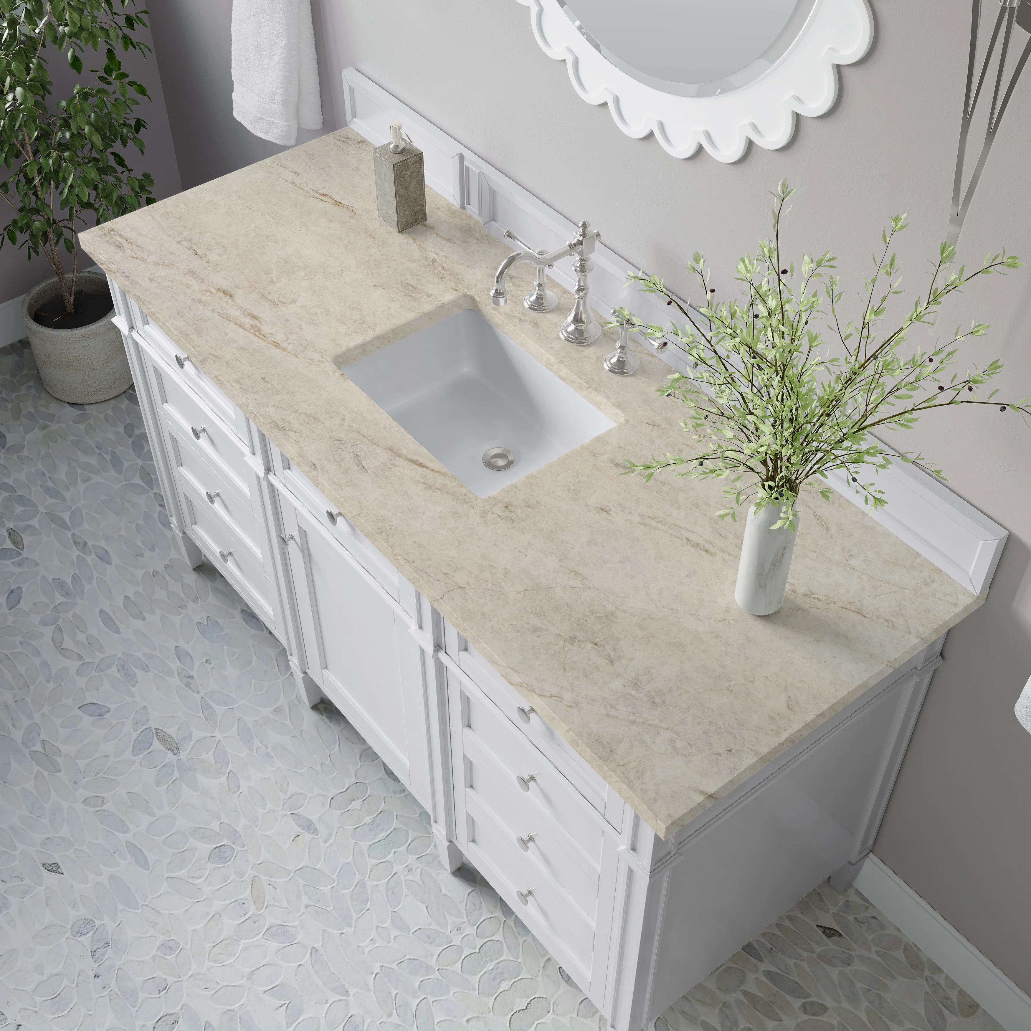 Brittany 60" Single Vanity in Bright White, w/ 3 CM Tajnar Eclos Top