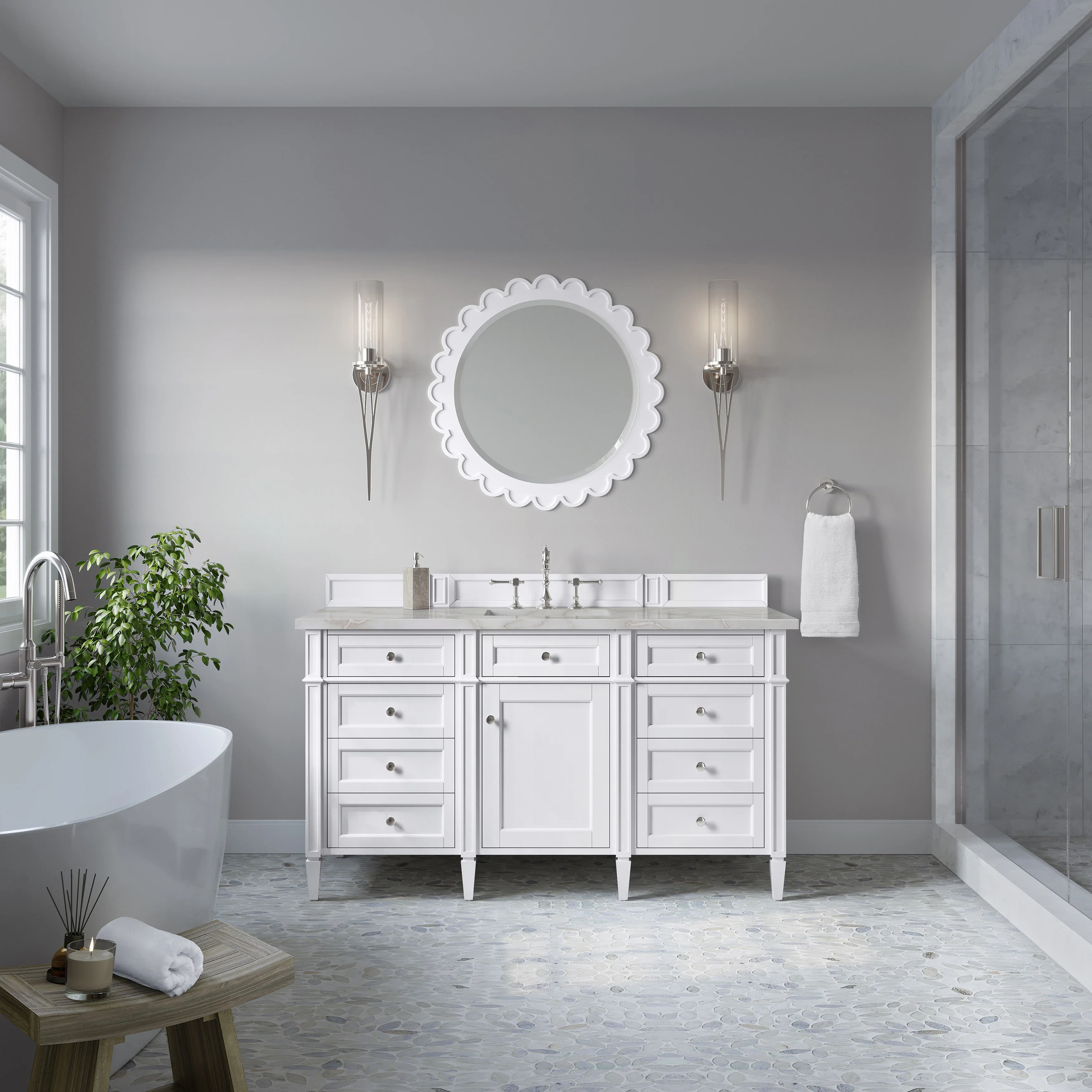 Brittany 60" Single Vanity, Bright White w/ 3 CM Victorian Silver Silestone Top