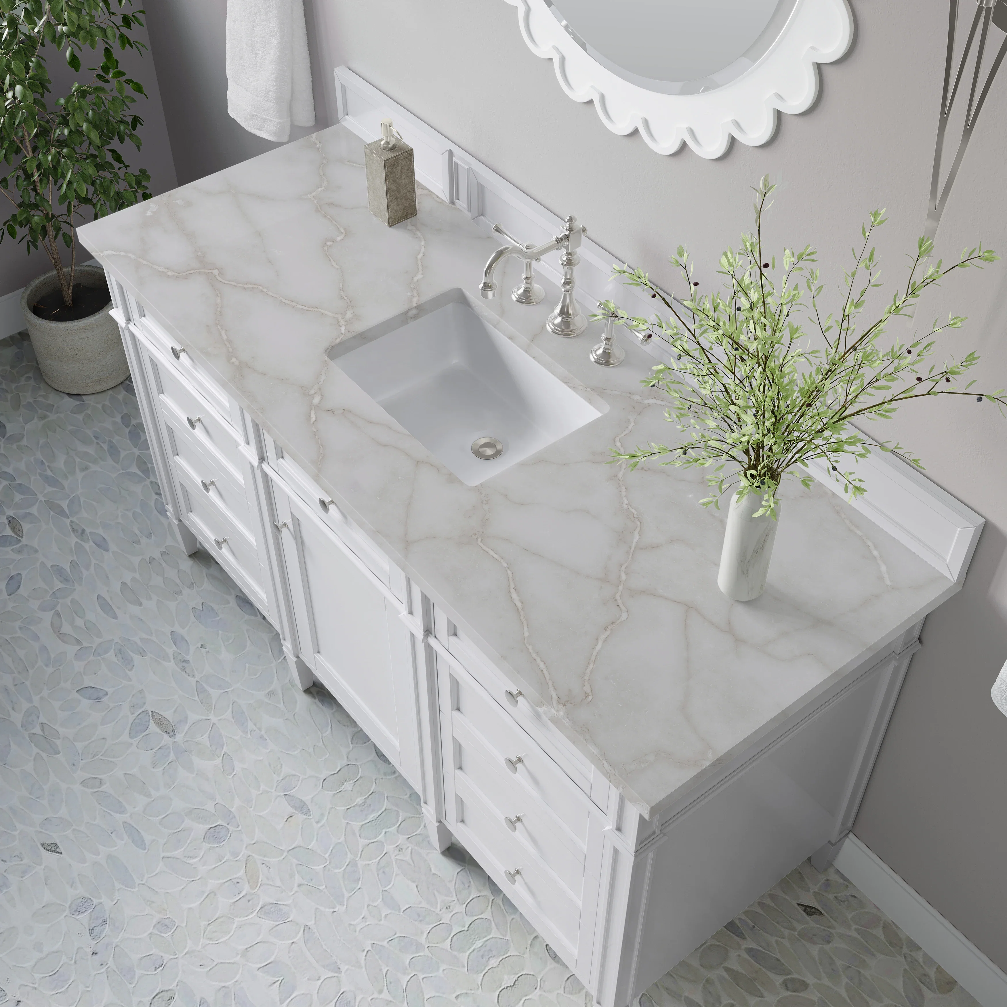 Brittany 60" Single Vanity, Bright White w/ 3 CM Victorian Silver Silestone Top