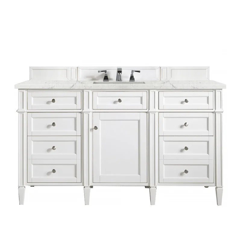Brittany 60" Single Vanity, Bright White w/ 3 CM Eternal Jasmine Pearl Silestone Top w/FreePower Wireless Charger