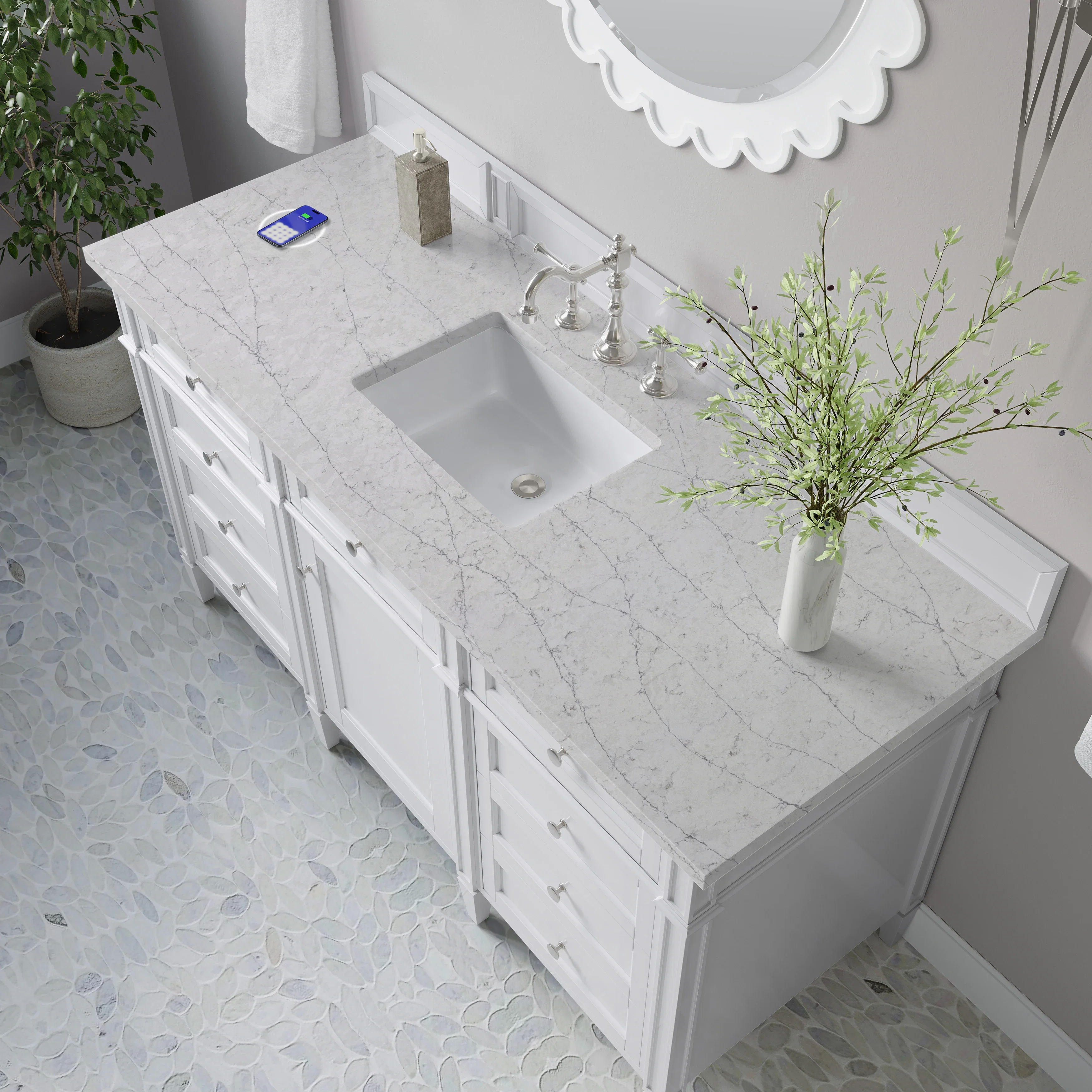 Brittany 60" Single Vanity, Bright White w/ 3 CM Eternal Jasmine Pearl Silestone Top w/FreePower Wireless Charger