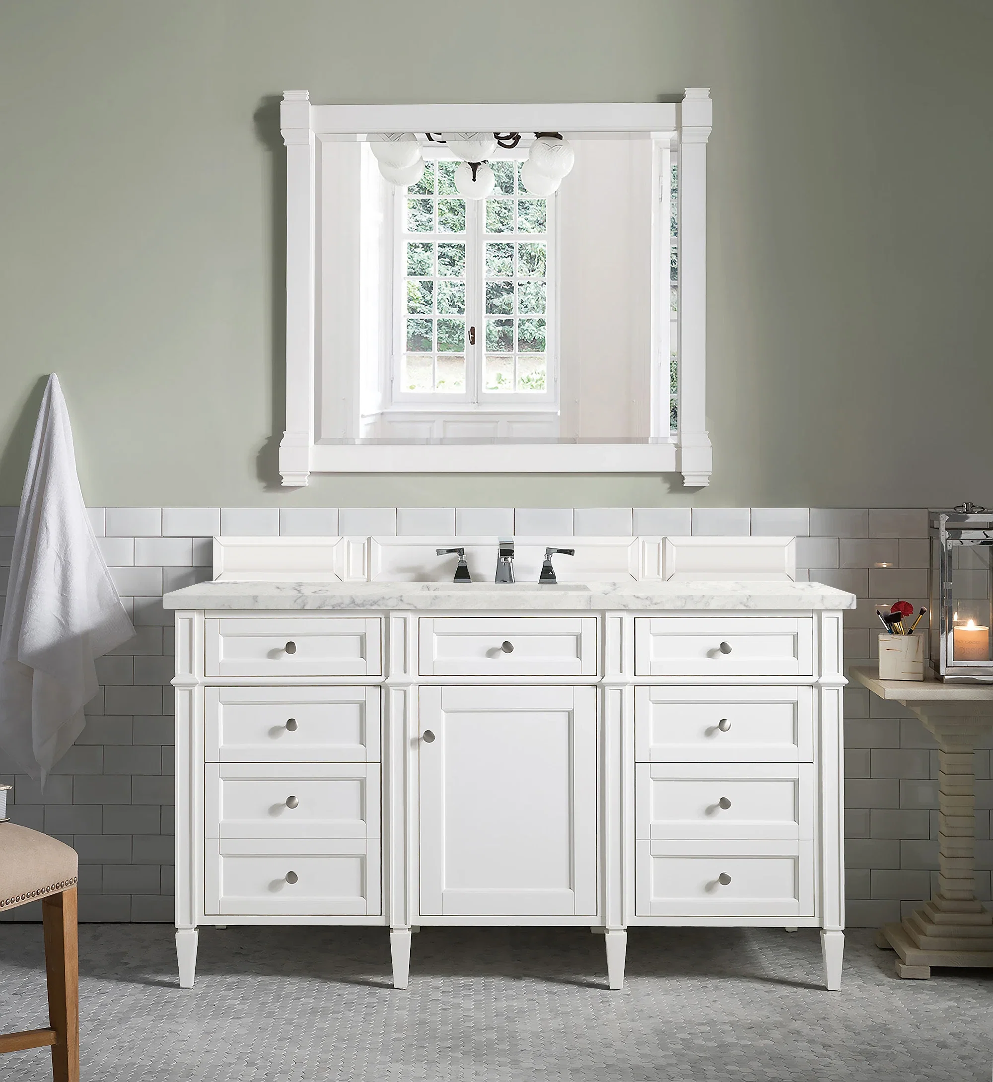 Brittany 60" Single Vanity, Bright White w/ 3 CM Eternal Jasmine Pearl Silestone Top w/FreePower Wireless Charger