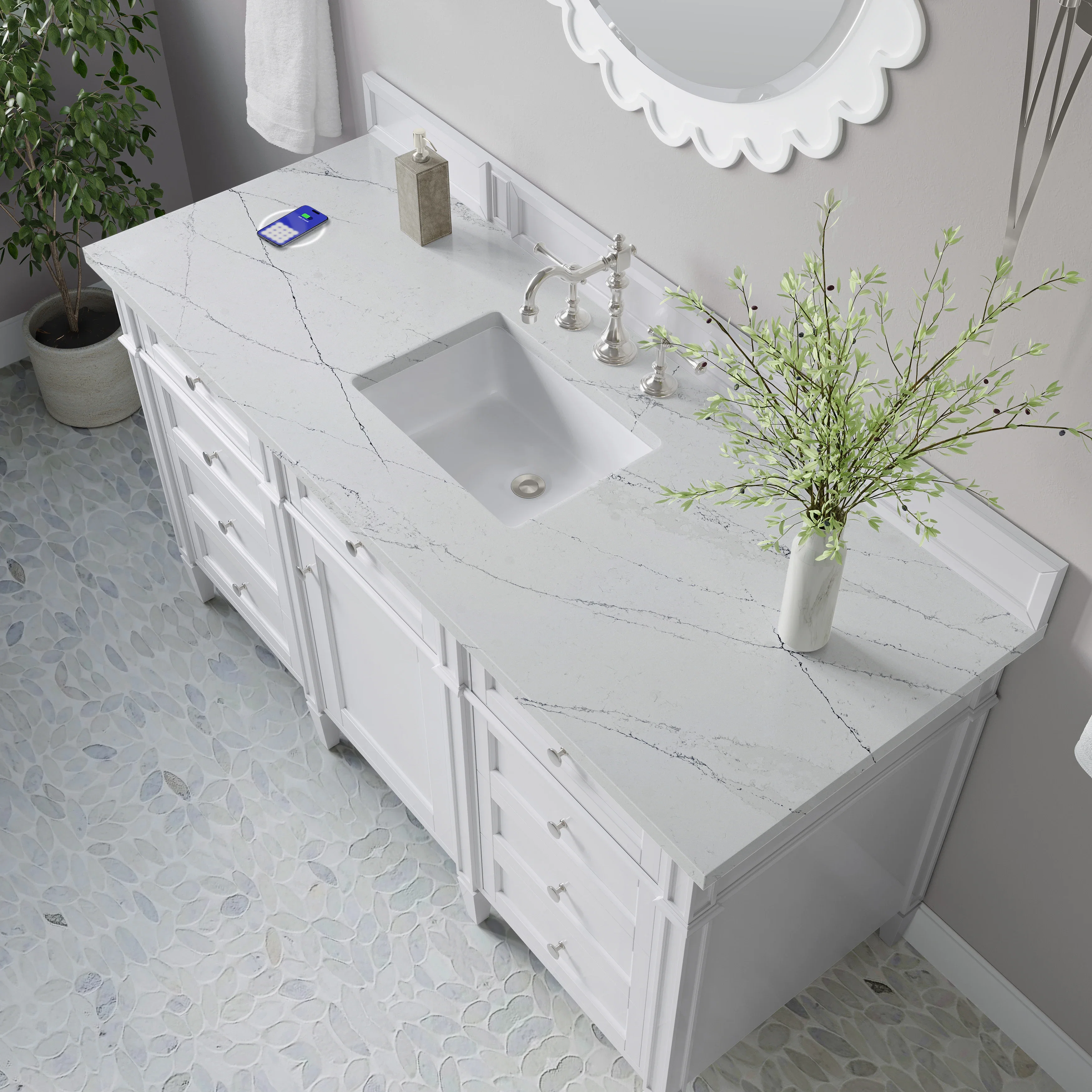 Brittany 60" Single Vanity, Bright White w/ 3 CM Ethereal Noctis Silestone Top w/FreePower Wireless Charger