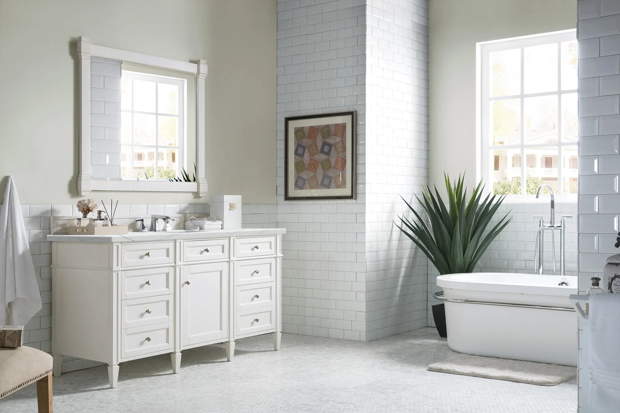 Brittany 60" Single Vanity, Bright White w/ 3 CM Ethereal Noctis Silestone Top w/FreePower Wireless Charger