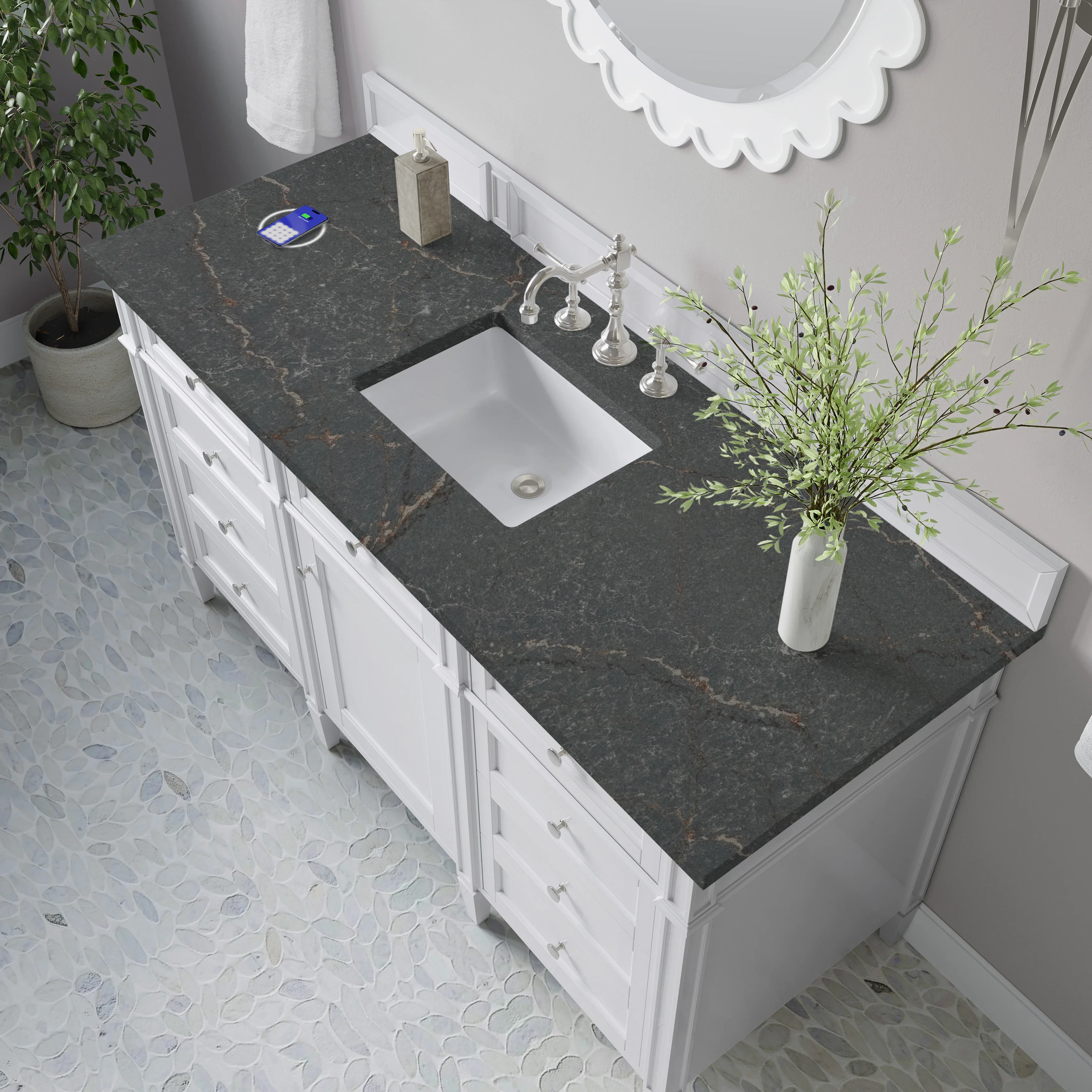 Brittany 60" Single Vanity, Bright White w/ 3 CM Parisien Bleu Silestone Top w/FreePower Wireless Charger
