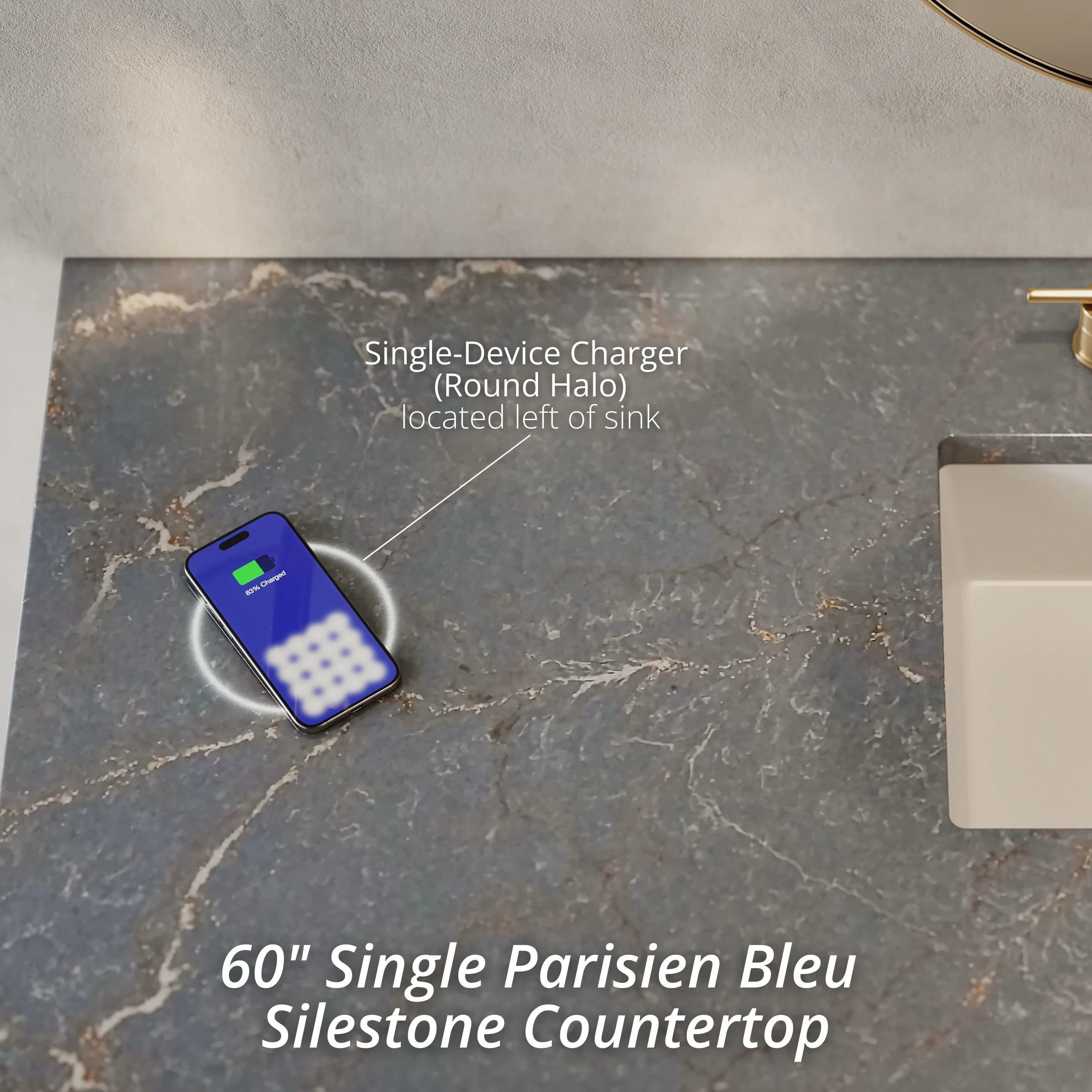 Brittany 60" Single Vanity, Bright White w/ 3 CM Parisien Bleu Silestone Top w/FreePower Wireless Charger