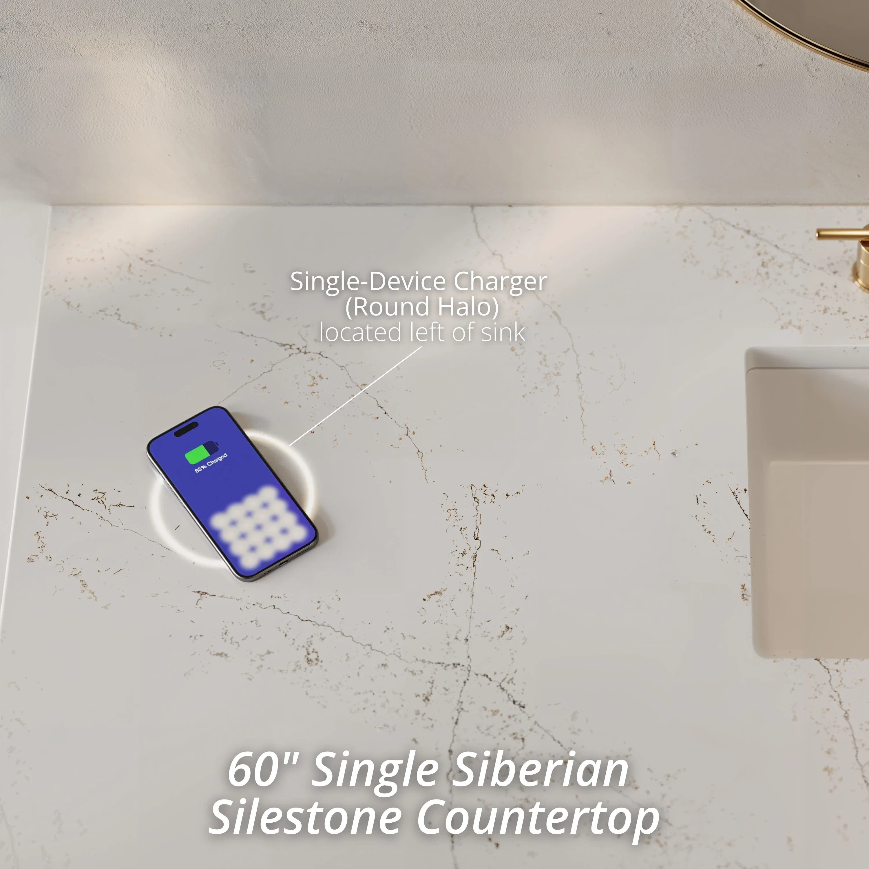 Brittany 60" Single Vanity in Bright White, w/ 3 CM Siberian Silestone Top w/FreePower Wireless Charger