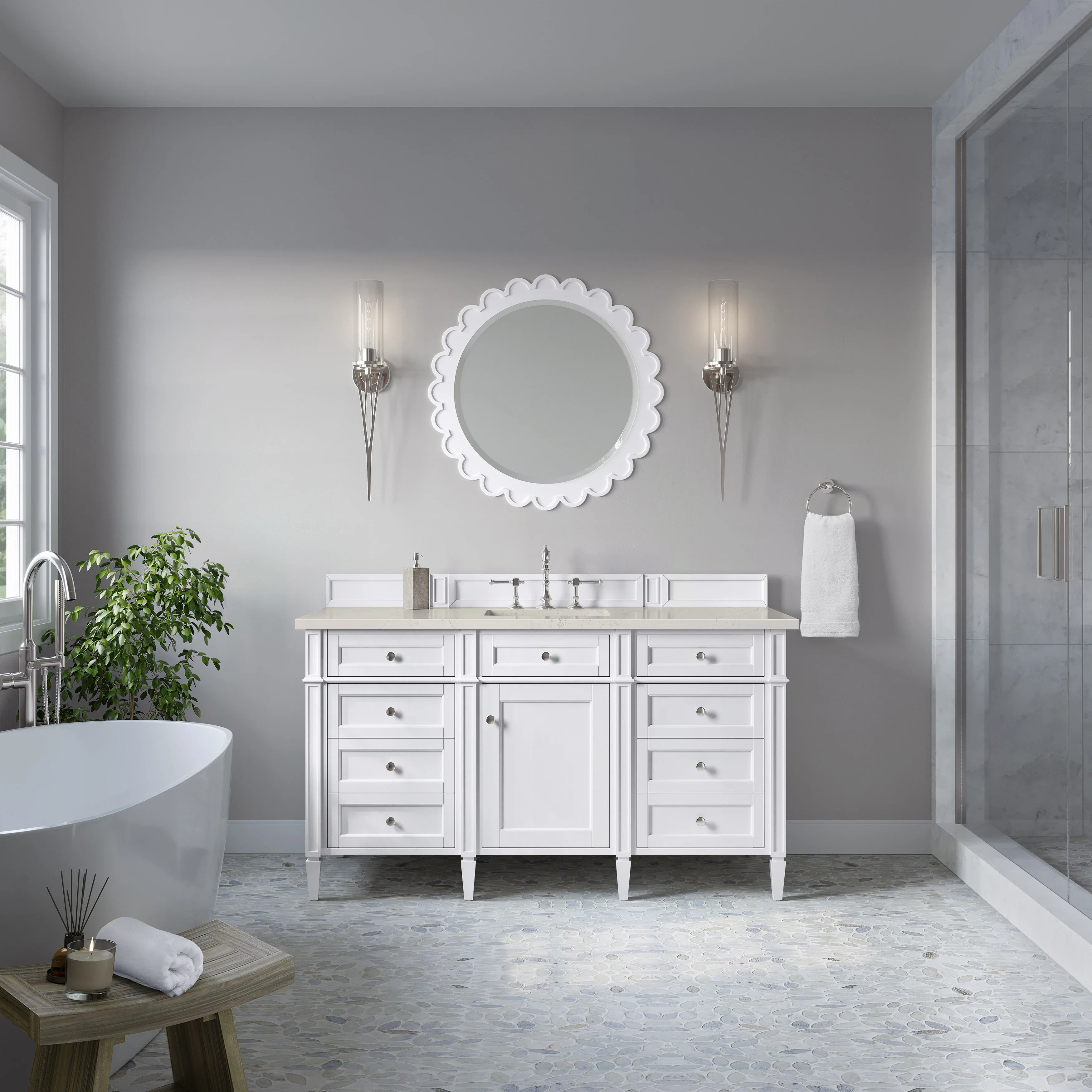 Brittany 60" Single Vanity in Bright White, w/ 3 CM Siberian Silestone Top w/FreePower Wireless Charger