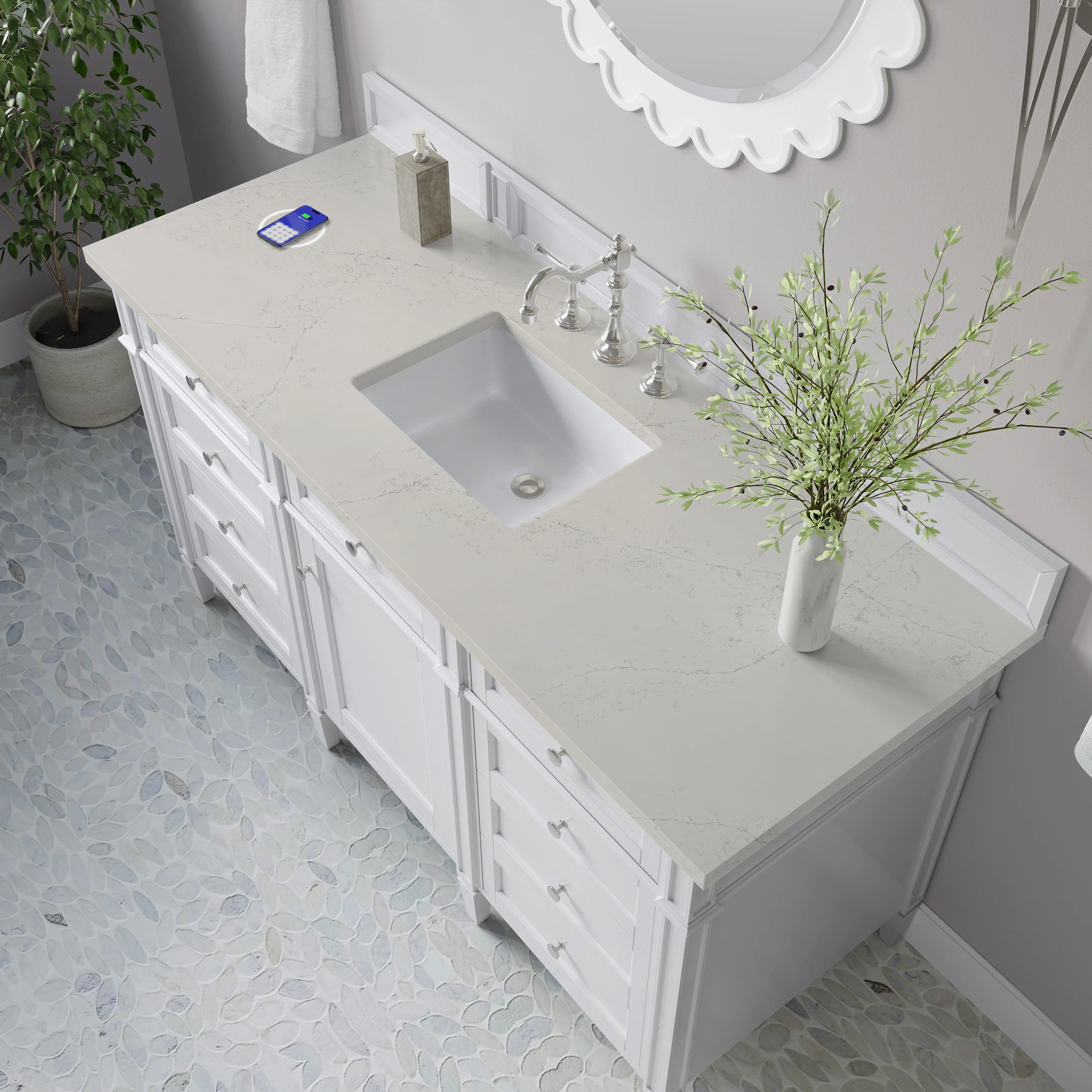 Brittany 60" Single Vanity in Bright White, w/ 3 CM Siberian Silestone Top w/FreePower Wireless Charger