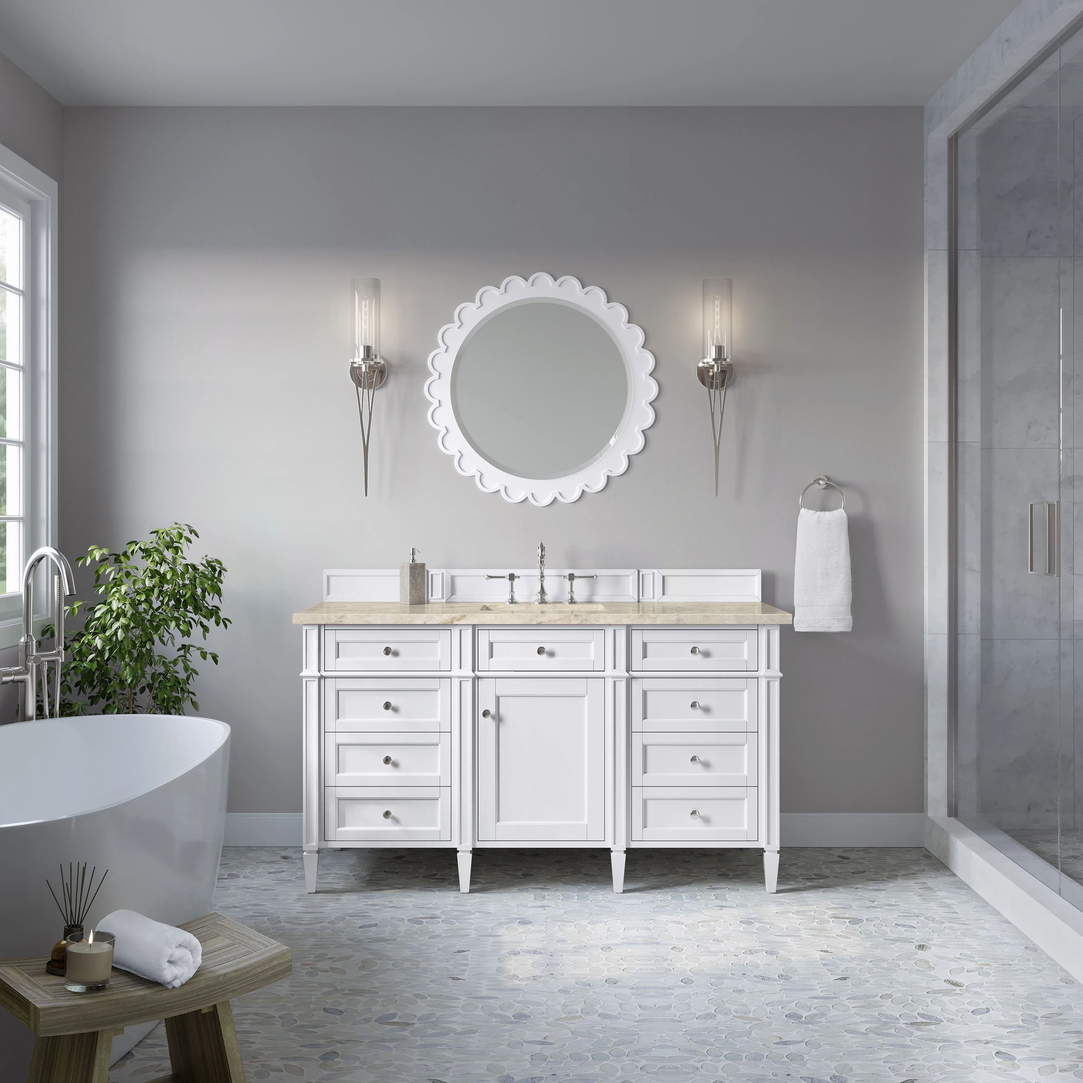 Brittany 60" Single Vanity in Bright White, w/ 3 CM Tajnar Eclos Top w/FreePower Wireless Charger