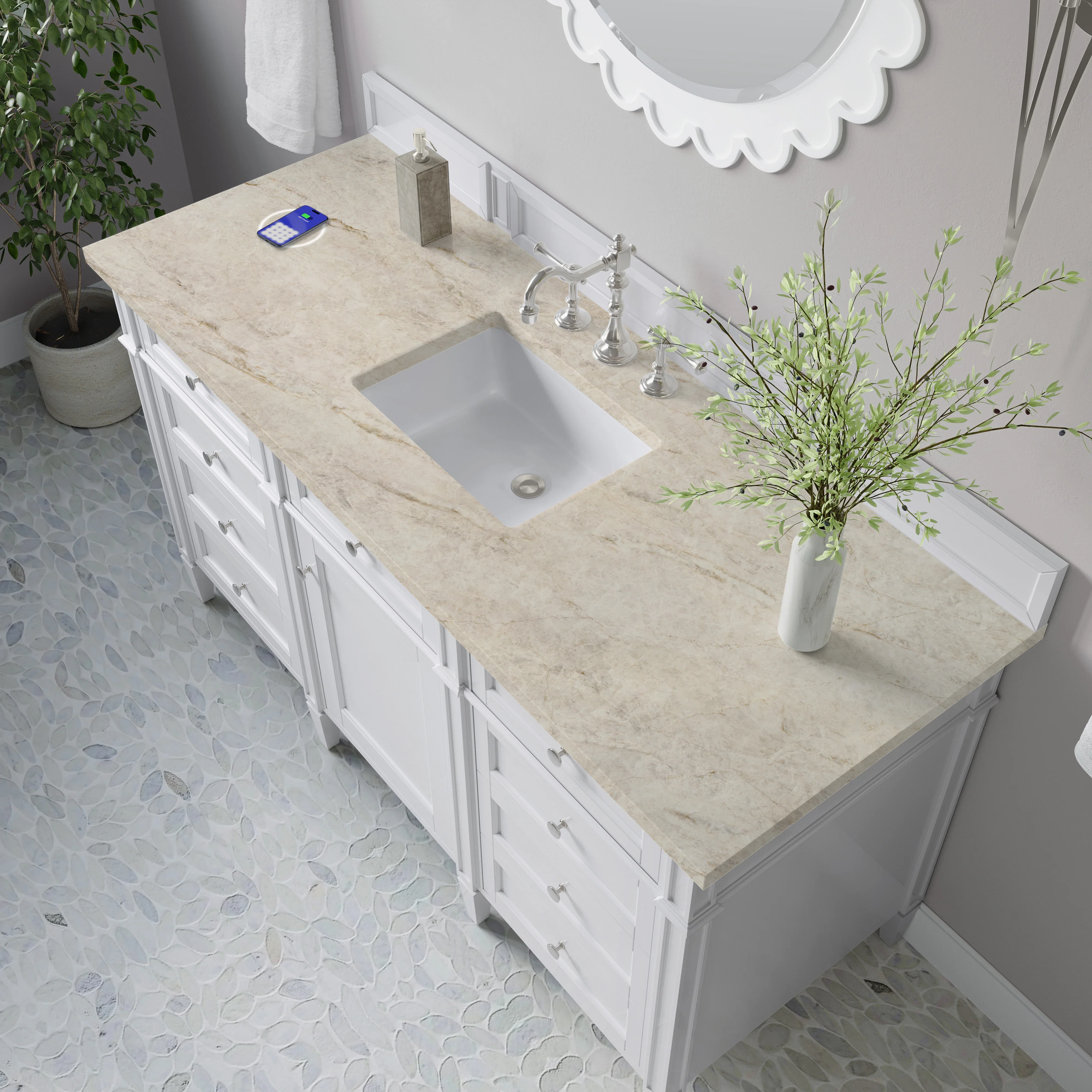 Brittany 60" Single Vanity in Bright White, w/ 3 CM Tajnar Eclos Top w/FreePower Wireless Charger
