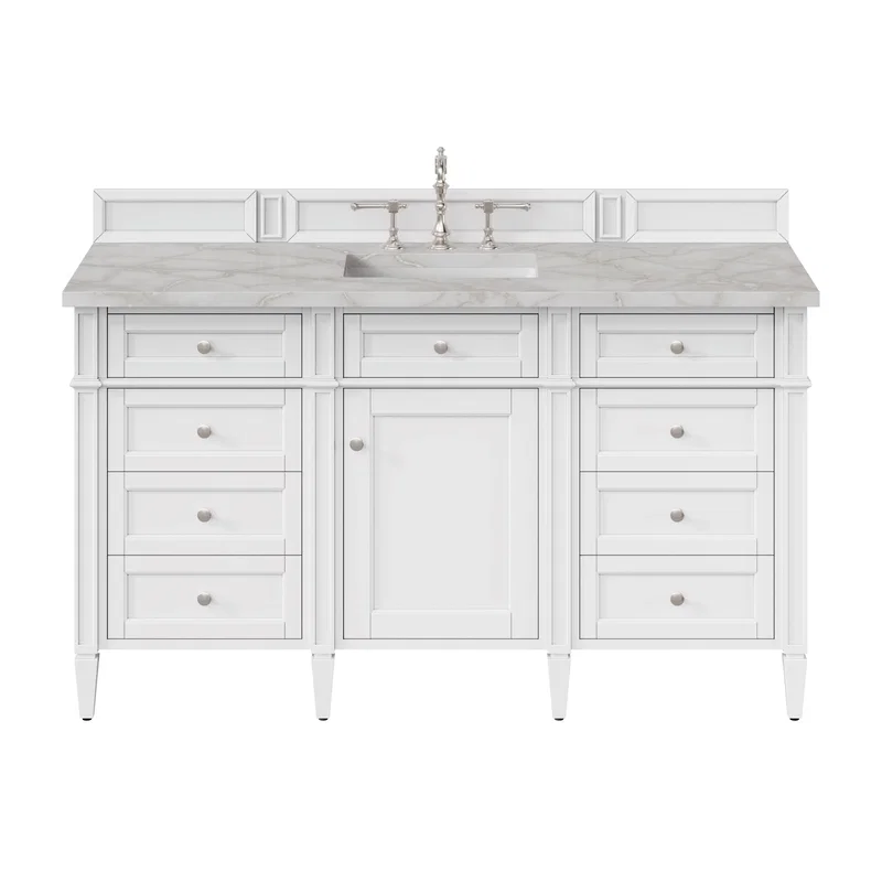Brittany 60" Single Vanity, Bright White w/ 3 CM Victorian Silver Silestone Top w/FreePower Wireless Charger