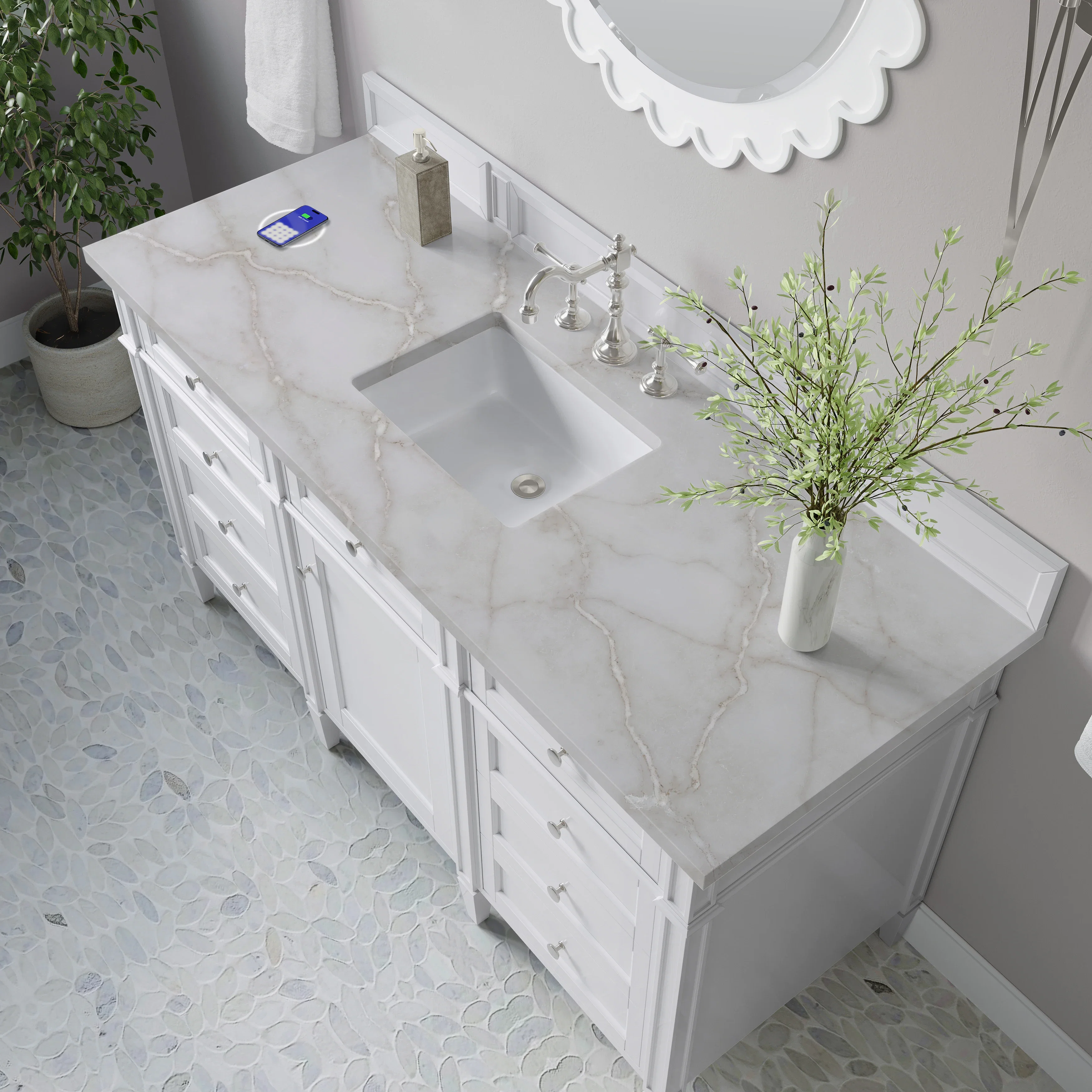 Brittany 60" Single Vanity, Bright White w/ 3 CM Victorian Silver Silestone Top w/FreePower Wireless Charger