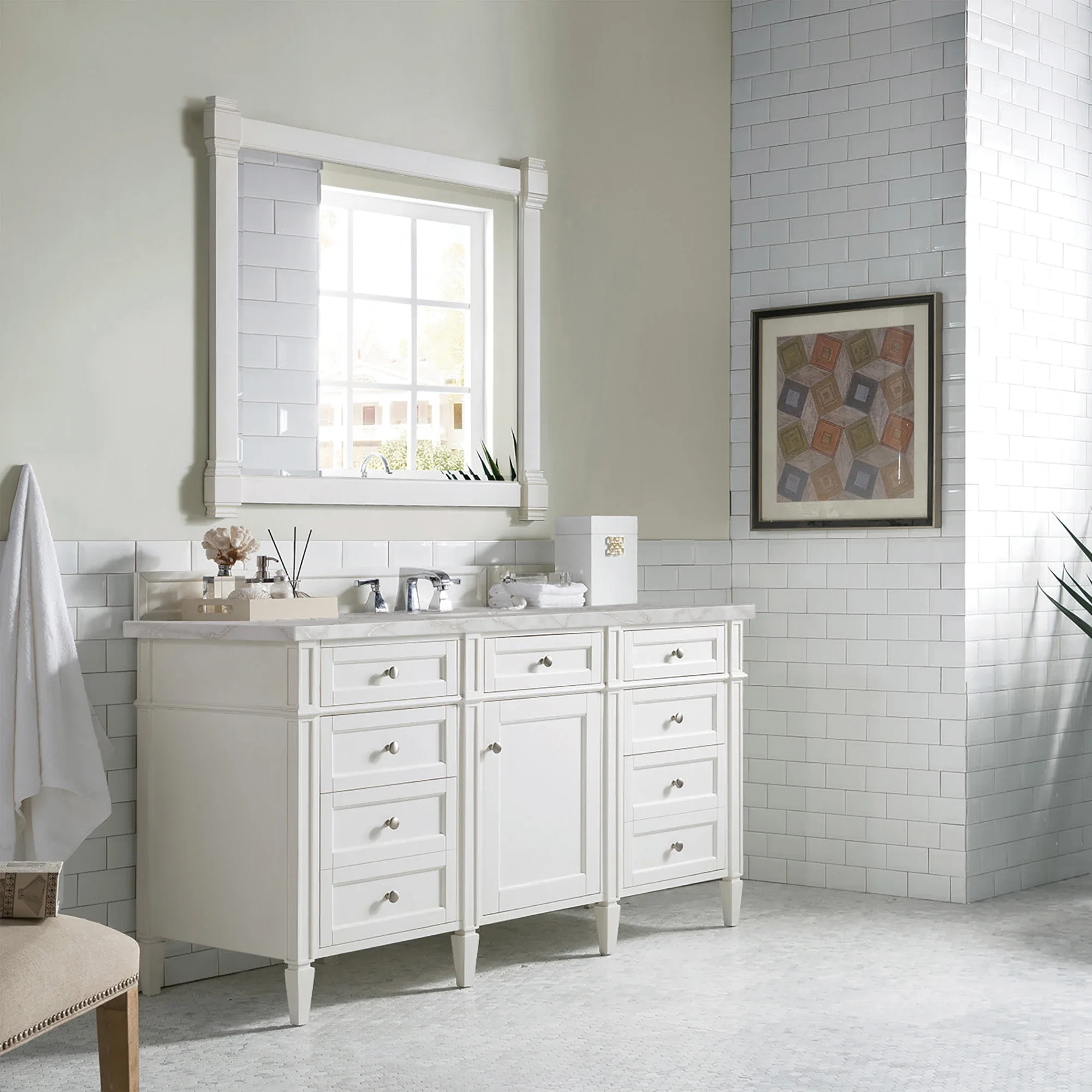 Brittany 60" Single Vanity, Bright White w/ 3 CM Victorian Silver Silestone Top w/FreePower Wireless Charger