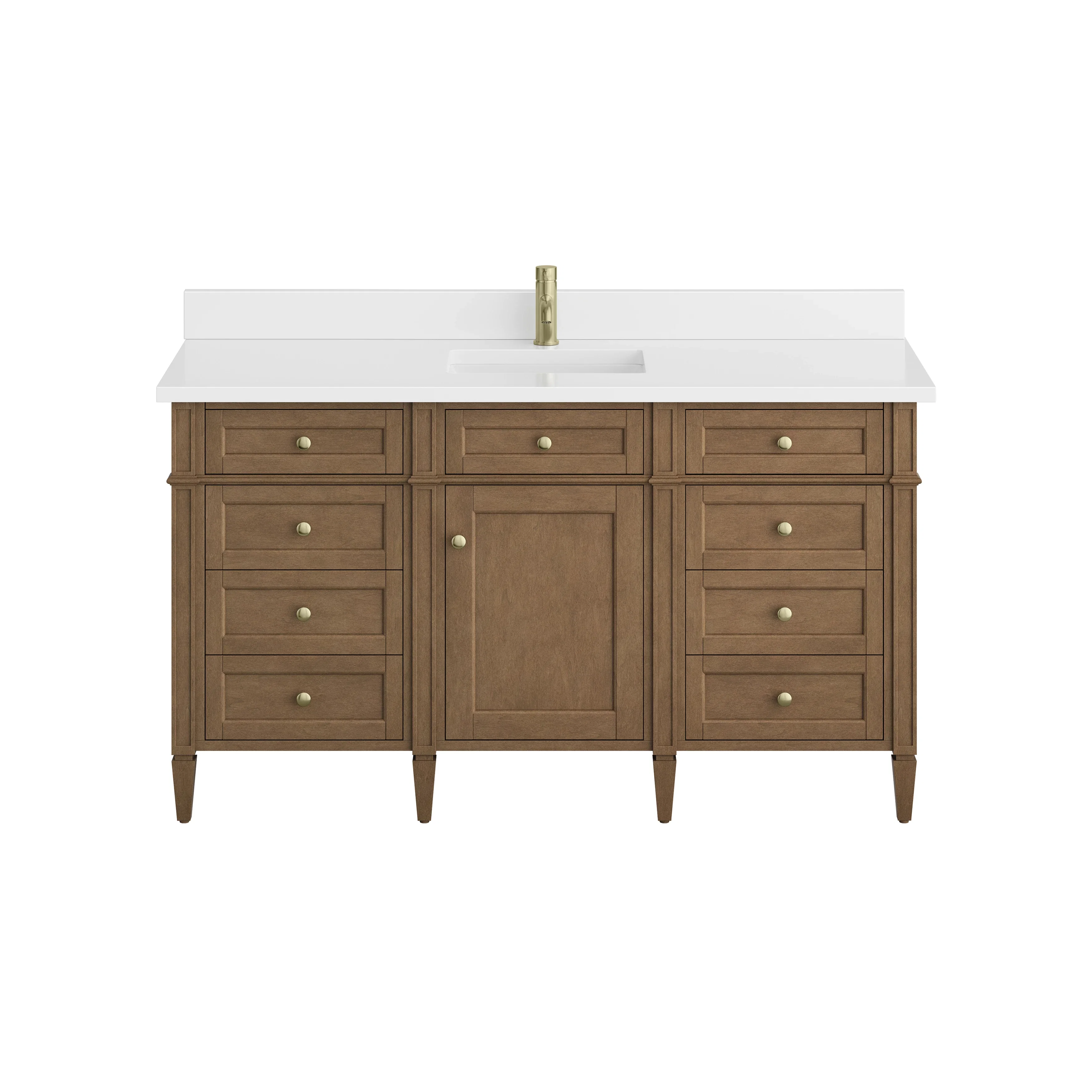 Brittany 60" Single Vanity, Pecan w/ Single Hole 3 CM White Zeus Silestone Top and Matching Backsplash