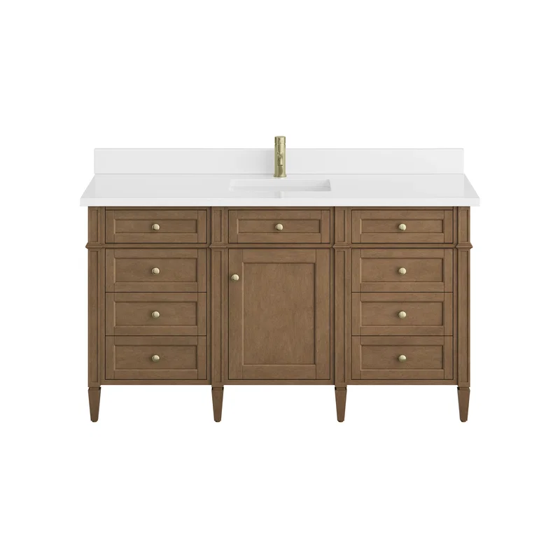 Brittany 60" Single Vanity, Pecan w/ Single Hole 3 CM White Zeus Silestone Top and Matching Backsplash