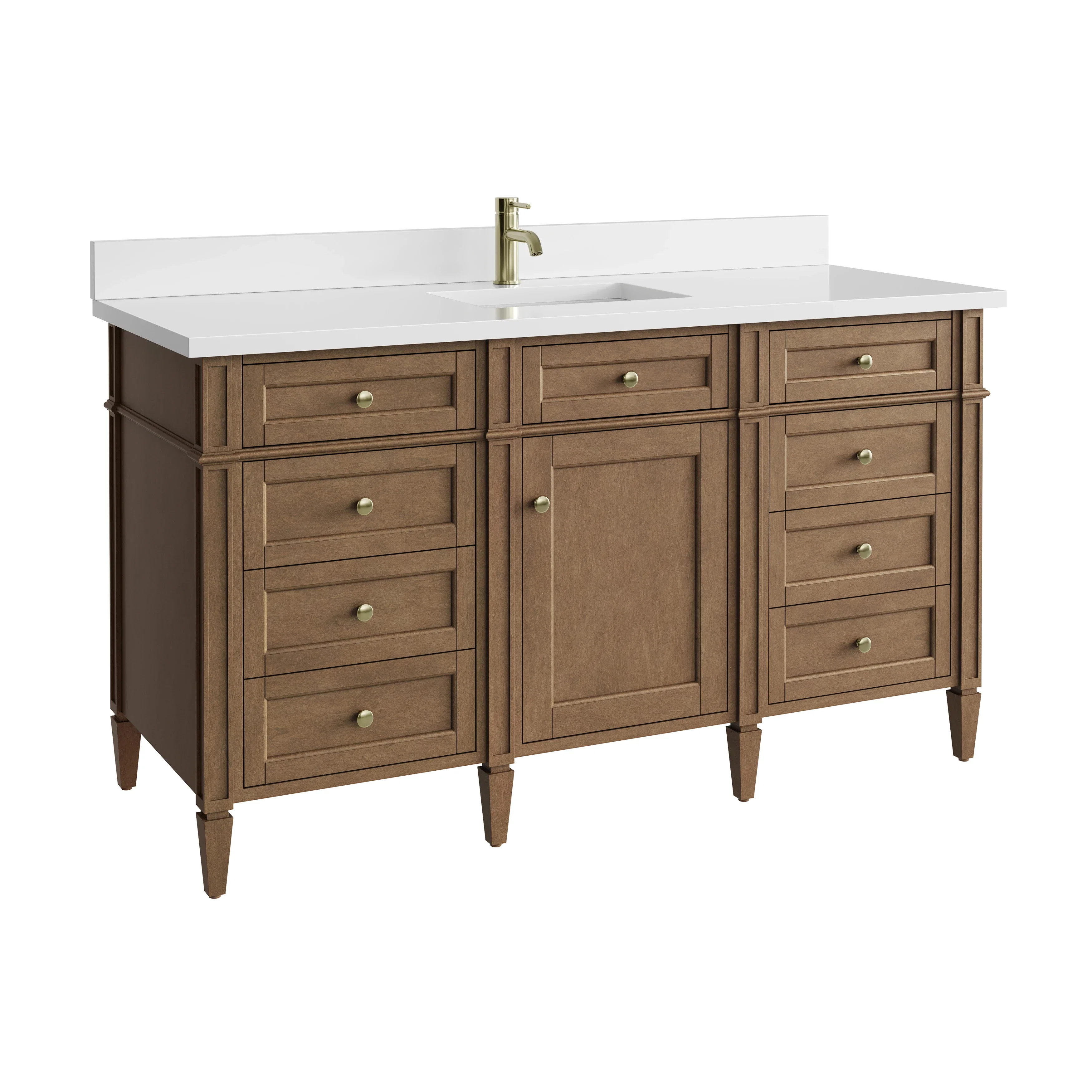 Brittany 60" Single Vanity, Pecan w/ Single Hole 3 CM White Zeus Silestone Top and Matching Backsplash