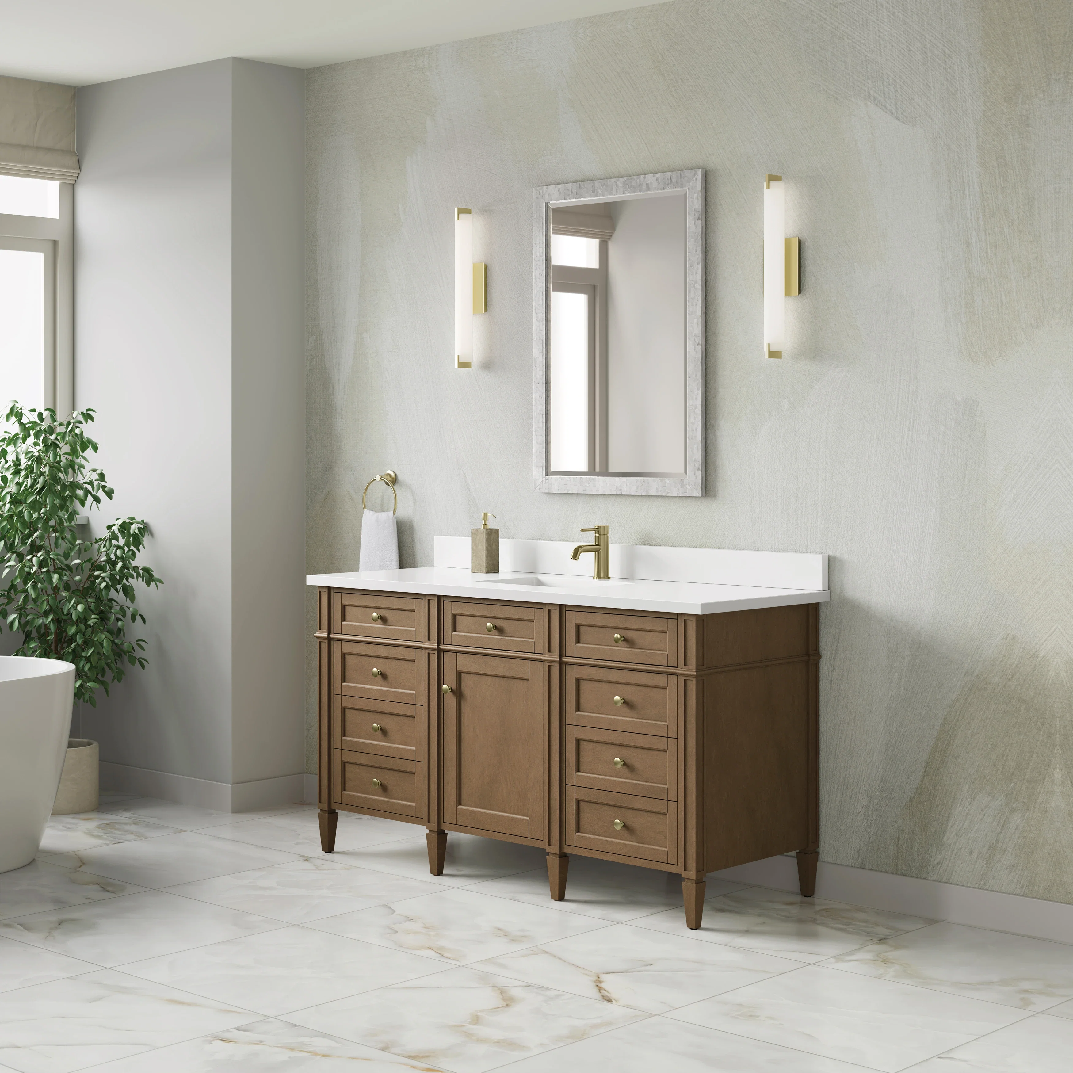 Brittany 60" Single Vanity, Pecan w/ Single Hole 3 CM White Zeus Silestone Top and Matching Backsplash