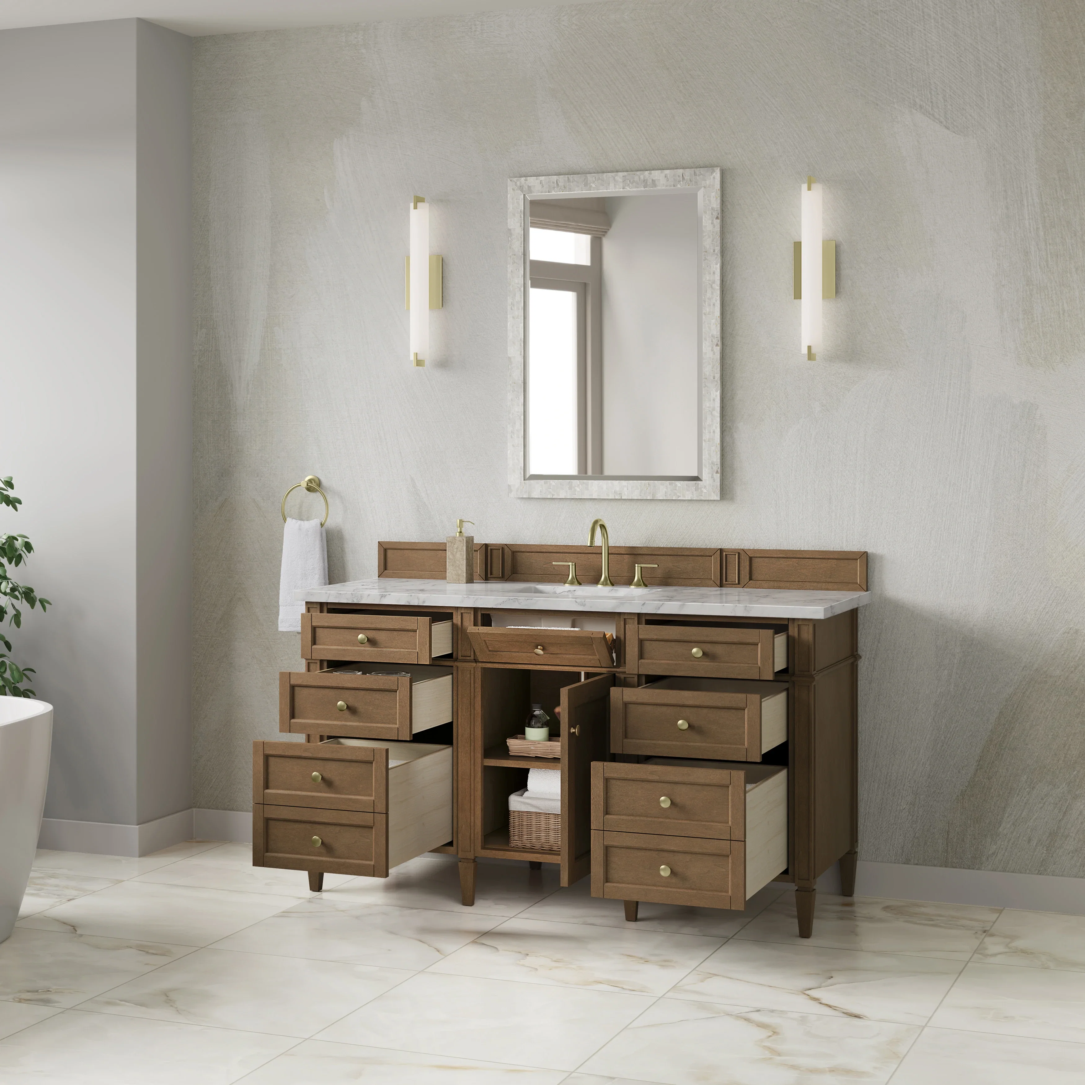 Brittany 60" Single Vanity, Pecan w/ 3 CM Carrara Marble Top