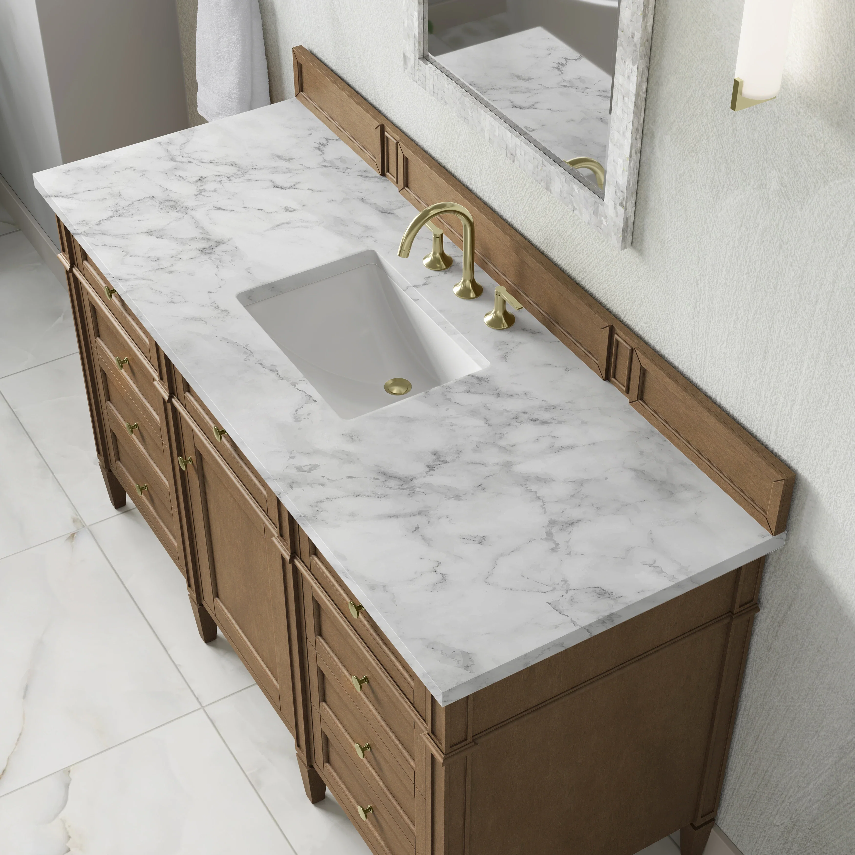 Brittany 60" Single Vanity, Pecan w/ 3 CM Carrara Marble Top