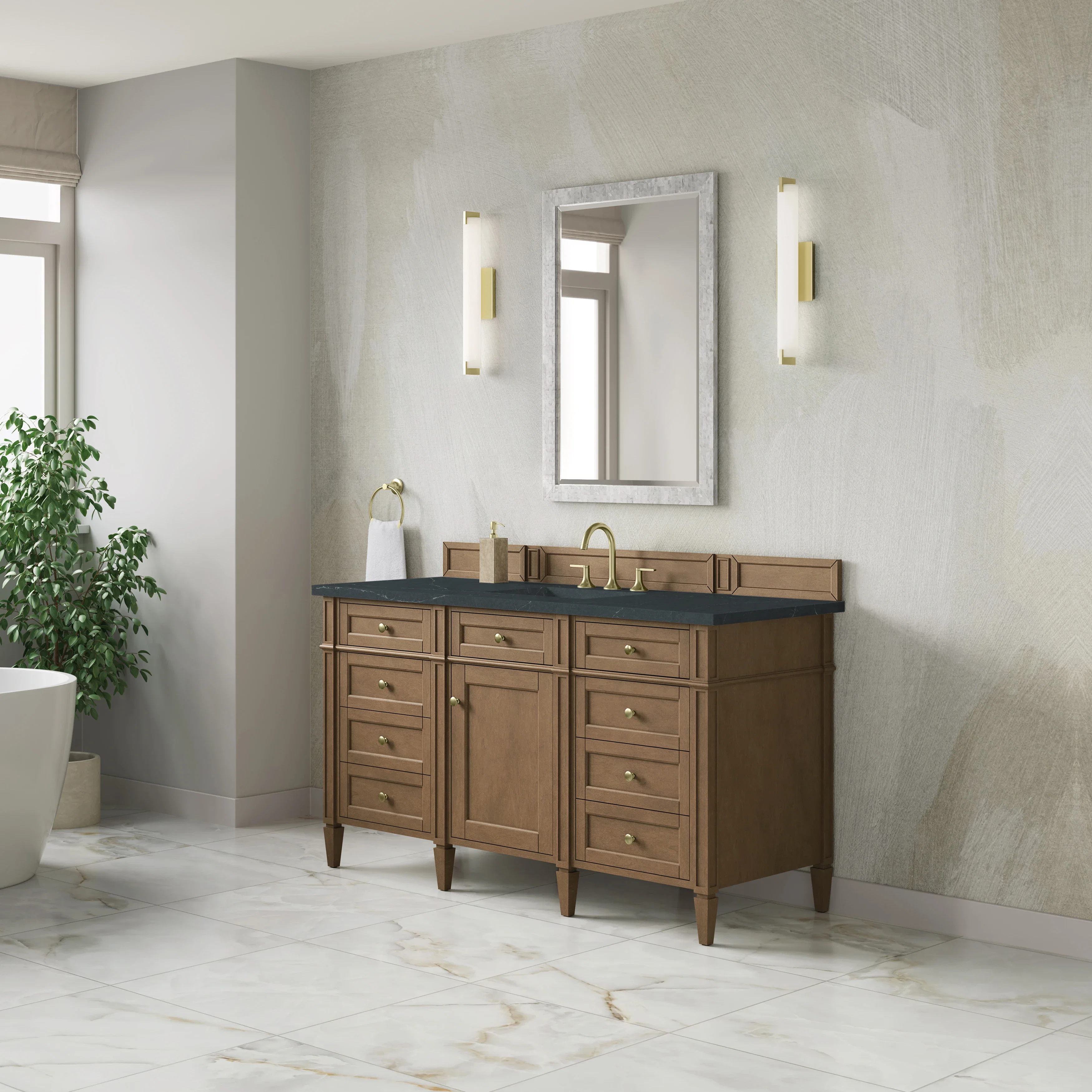 Brittany 60" Single Vanity, Pecan w/ 3 CM Charcoal Soapstone Silestone Top